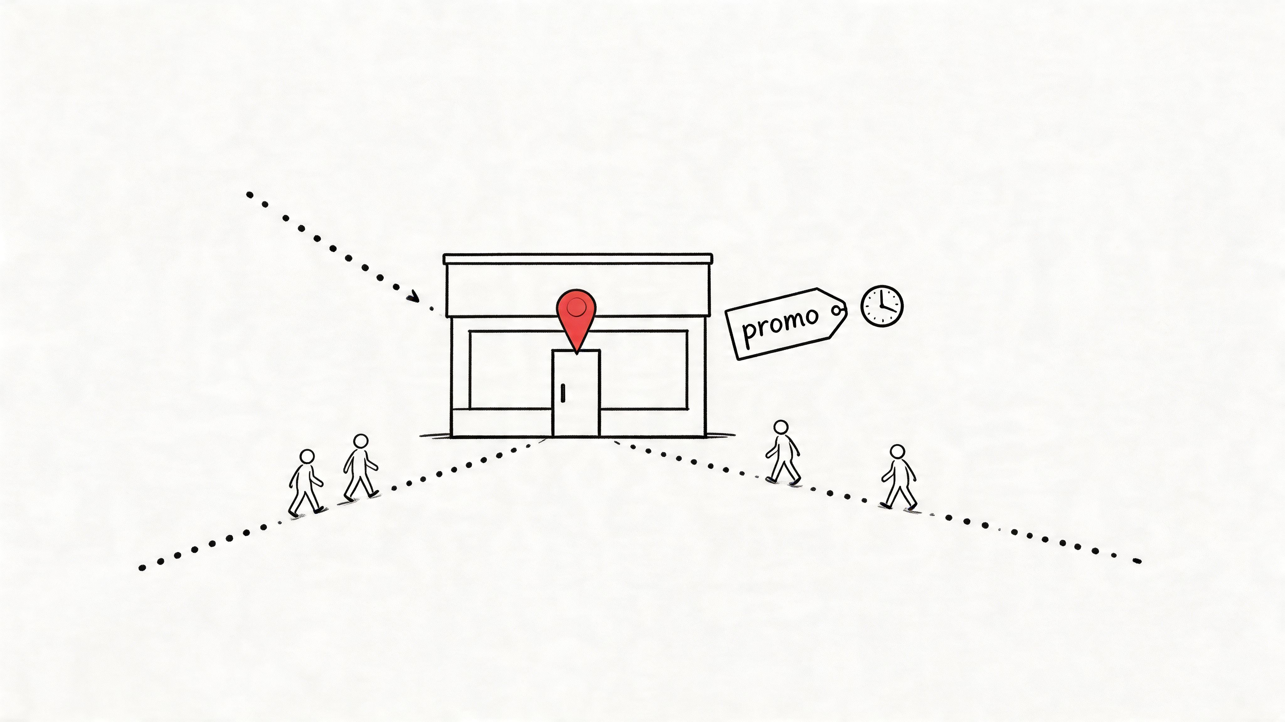 A simple sketch illustrating people approaching a retail store featuring a promotional tag and a clock icon.