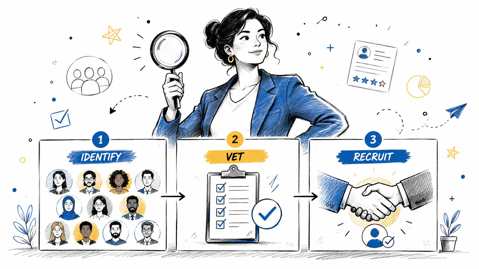 A professional woman uses a magnifying glass to illustrate a three-step recruitment process of identifying, vetting, and hiring.
