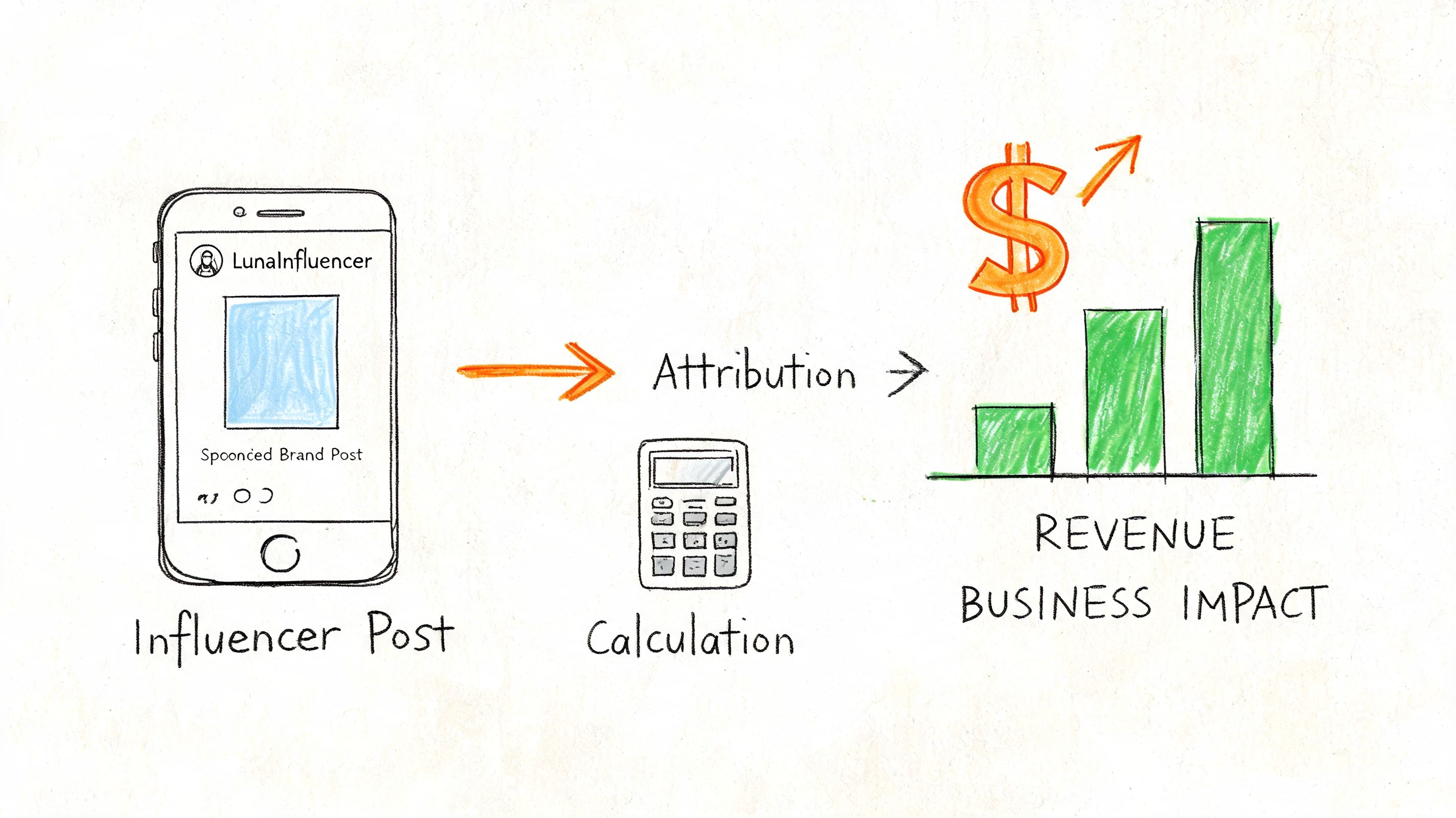 A hand-drawn illustration showing an influencer post leading to attribution calculations and increased business revenue impact.