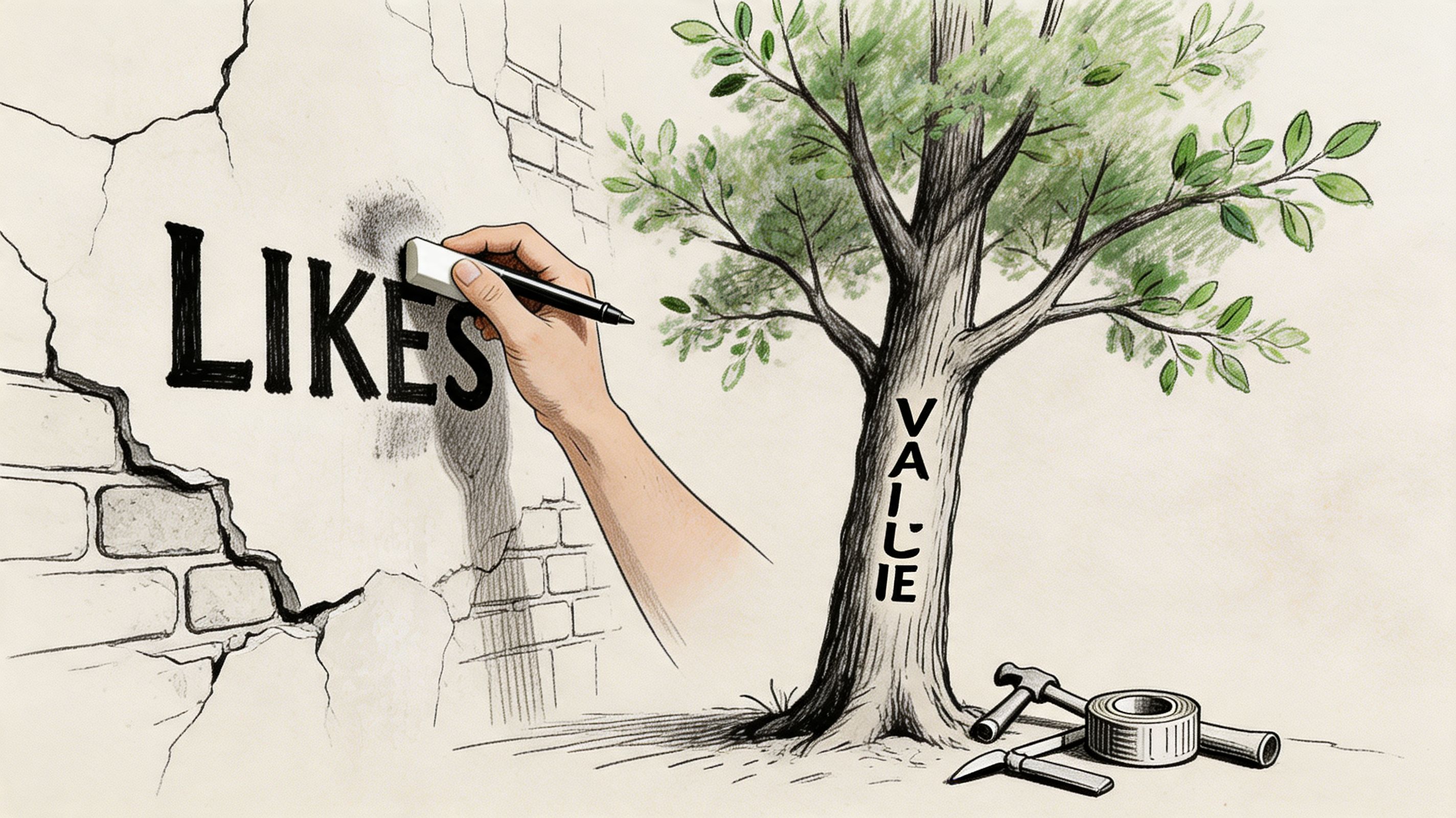 A conceptual illustration showing a hand erasing the word LIKES while a tree labeled VALUE grows nearby.