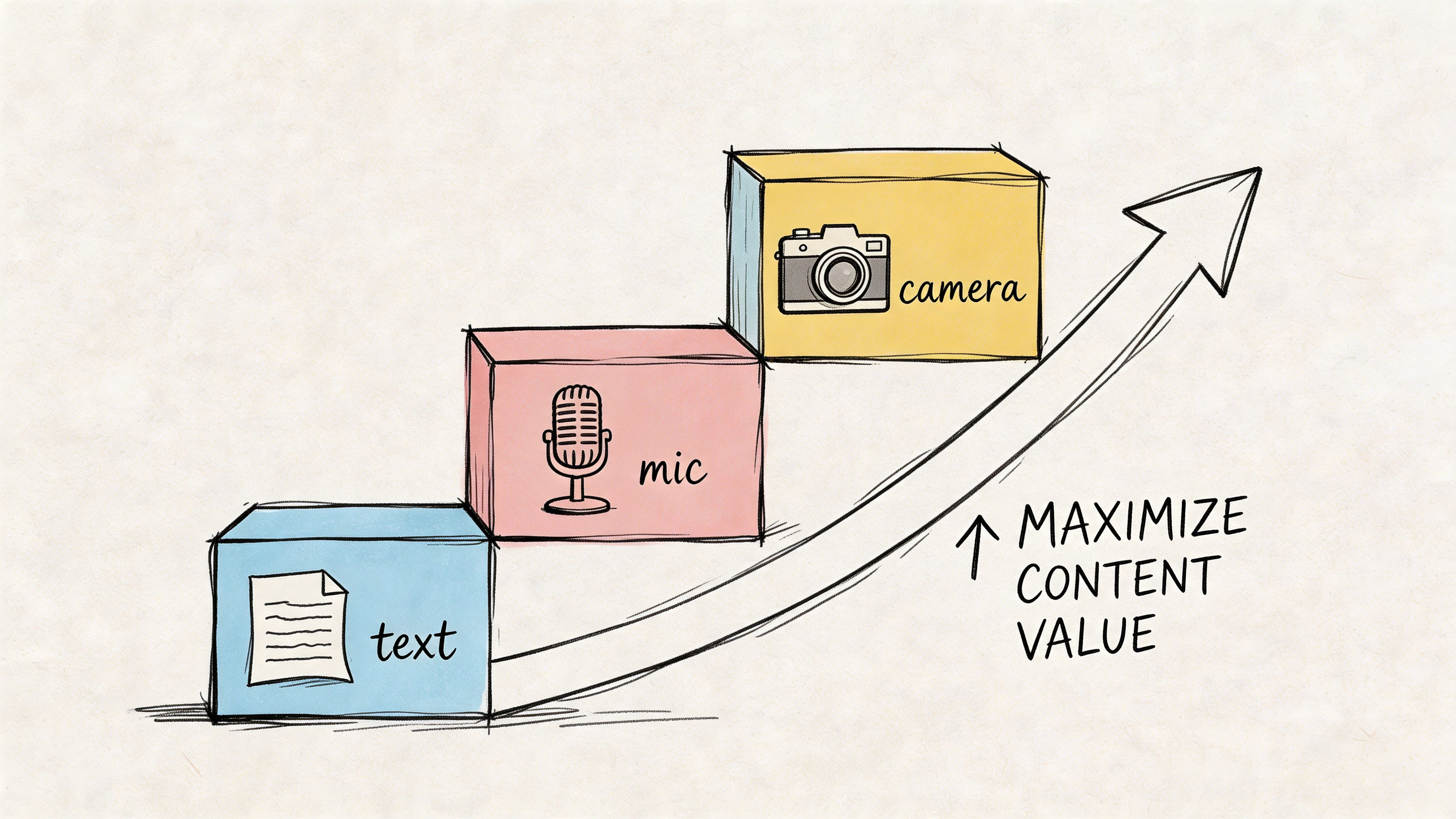 A diagram of three steps increasing content value from text to mic and finally camera content.