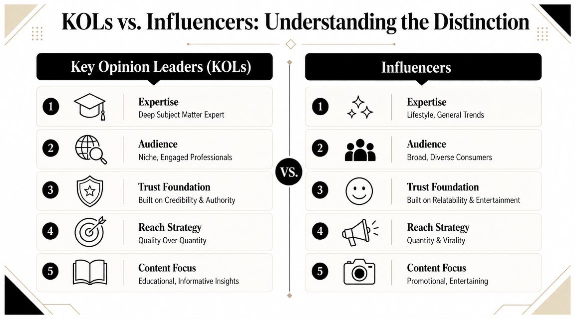 A comparison chart outlining the key differences between Key Opinion Leaders and influencers across five categories.