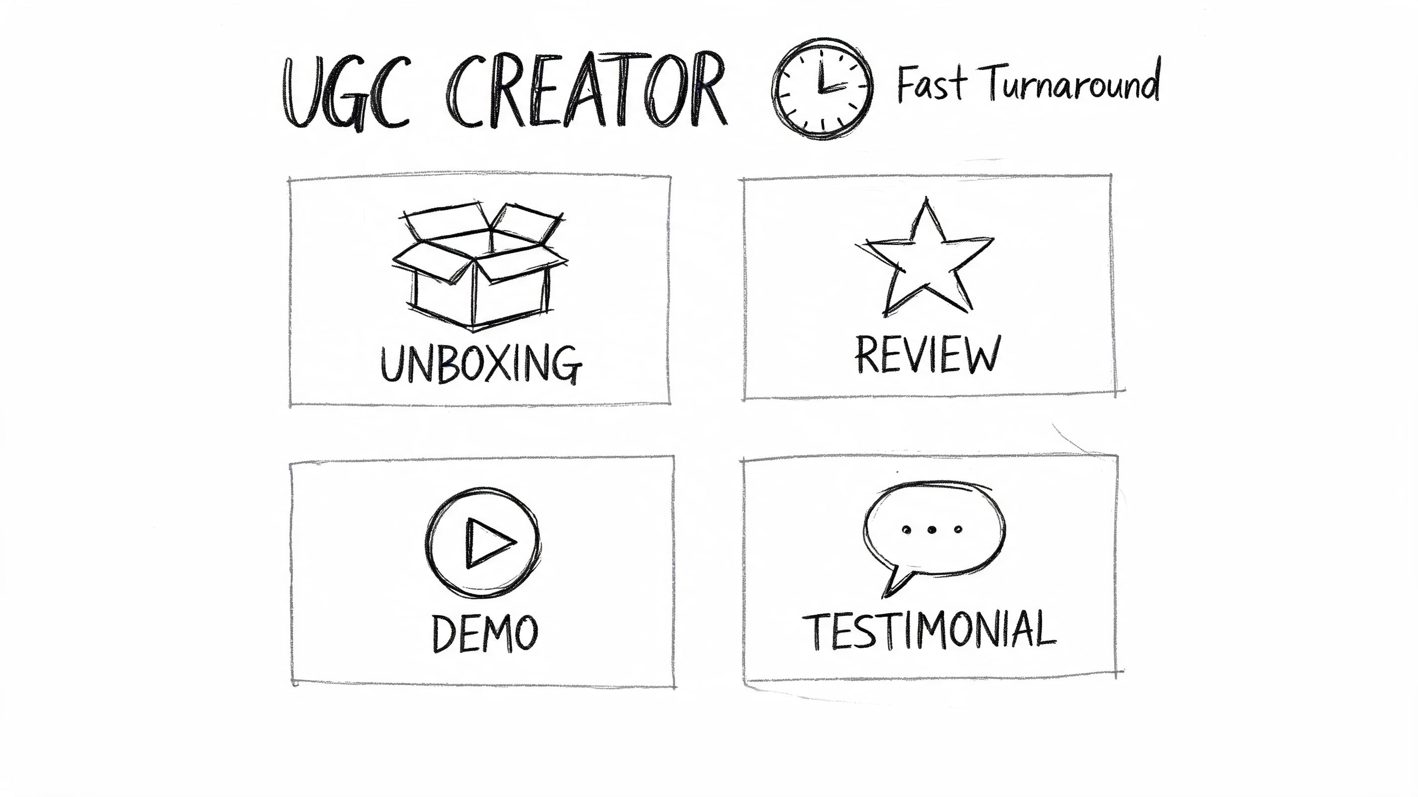 A hand-drawn illustration showing services offered by a UGC creator including unboxing, reviews, demos, and testimonials.