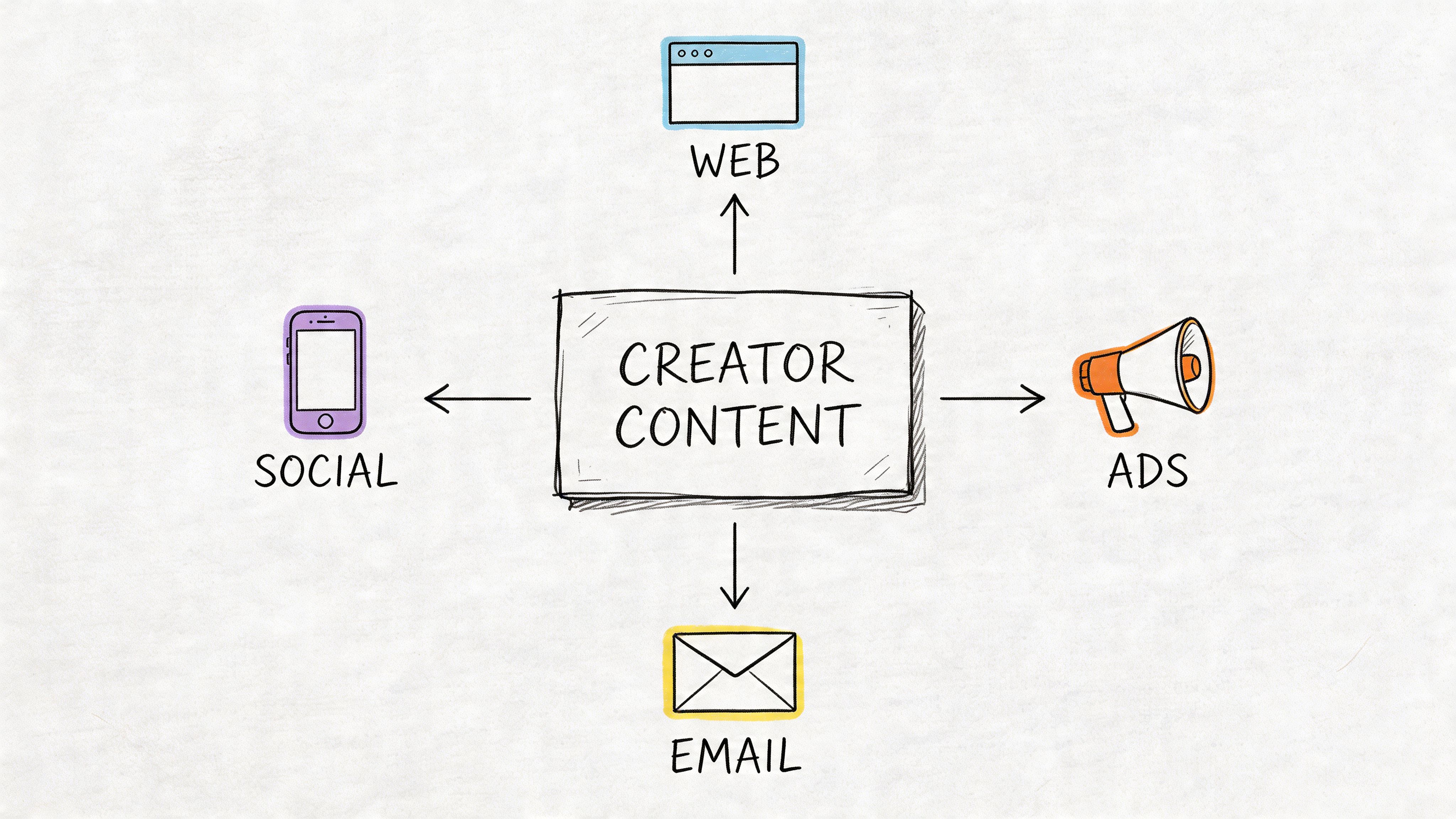 A diagram illustrating creator content distribution across web, social media, advertisements, and email platforms.