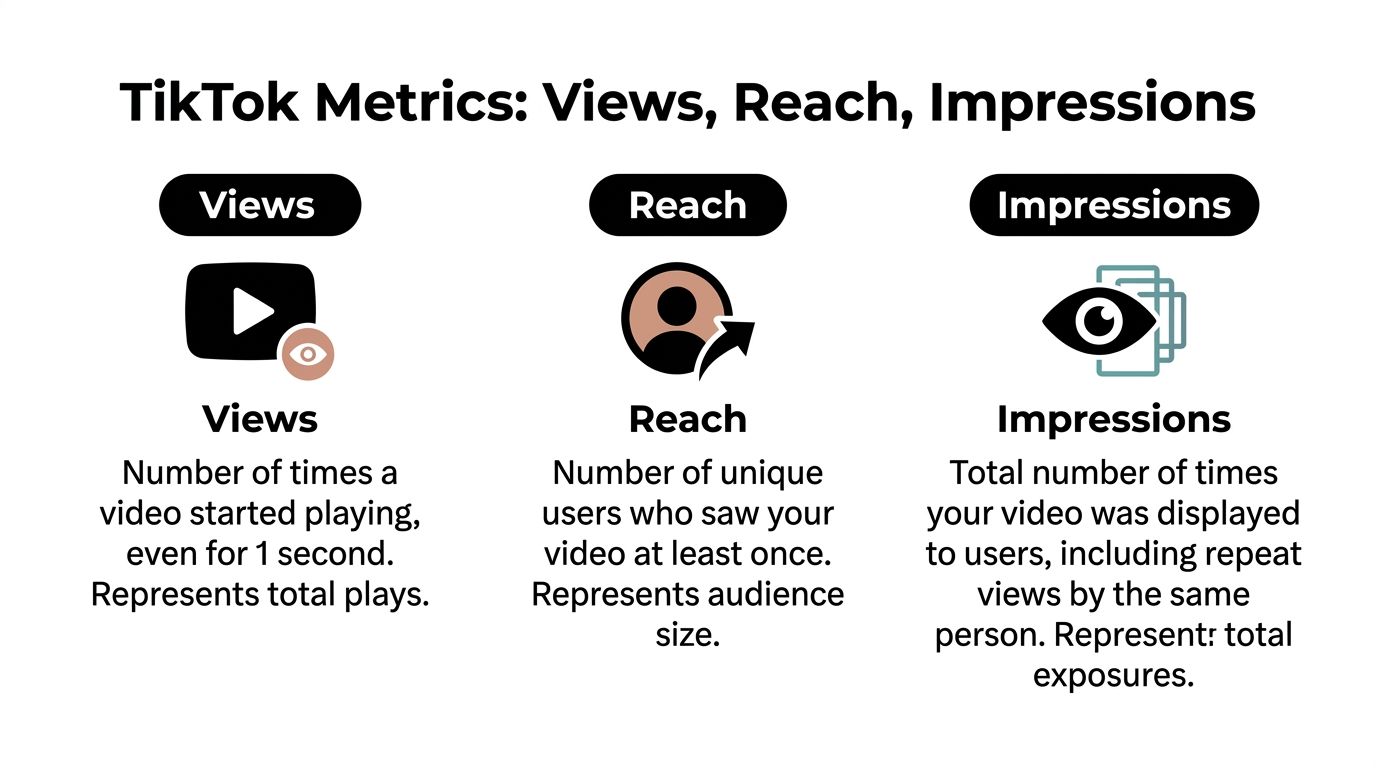 An infographic defining and explaining the key TikTok metrics of views, reach, and total impressions.