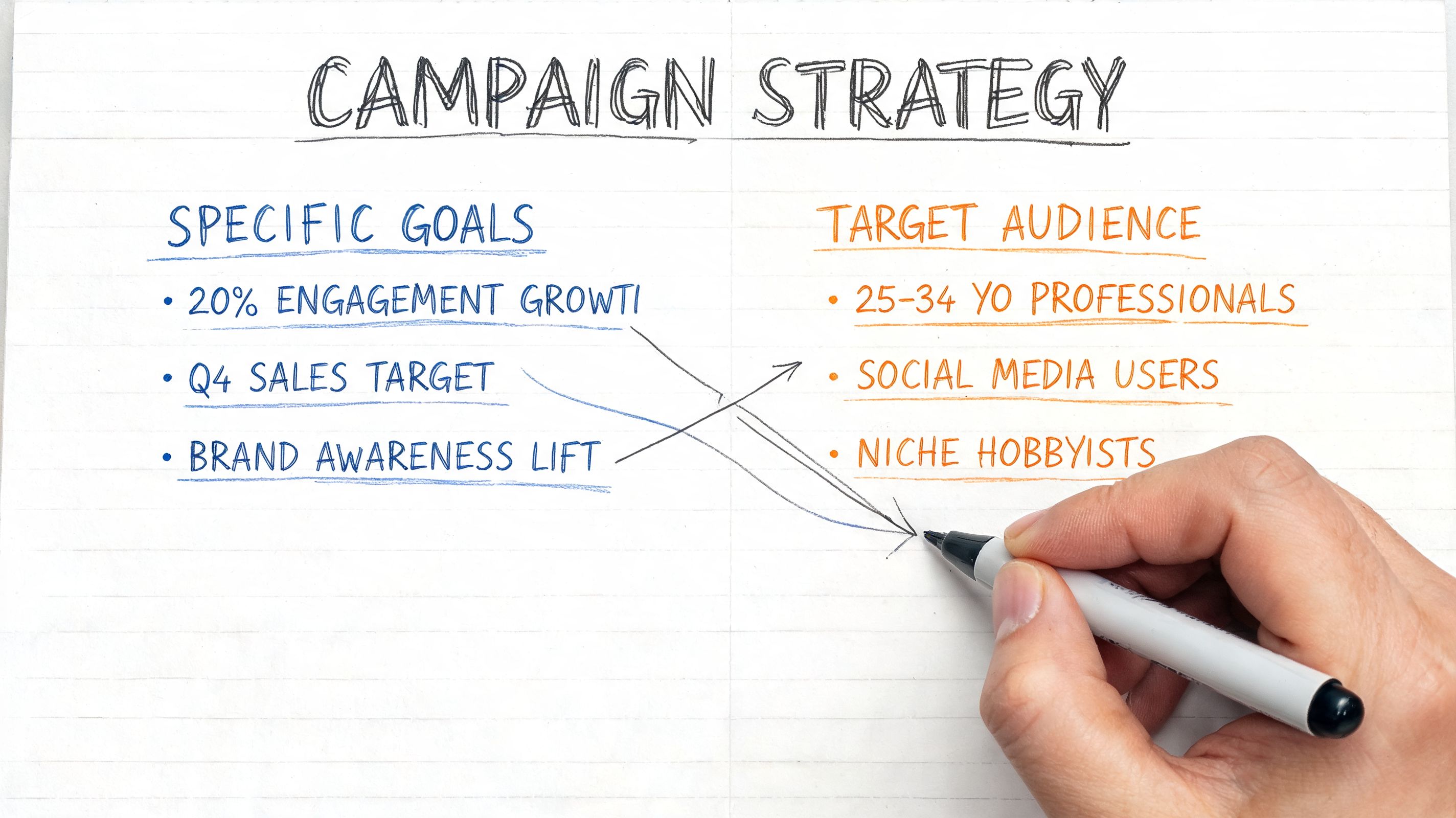 A hand writes a campaign strategy plan on notebook paper showing specific goals and target audience.