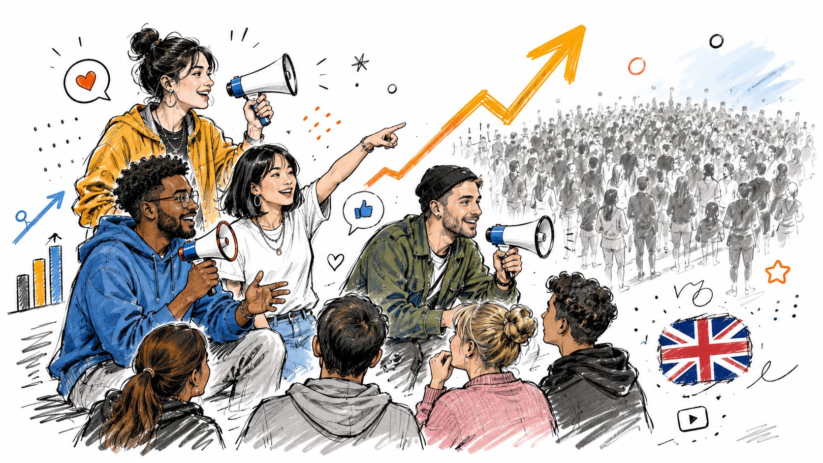 A diverse group of influencers speaking into megaphones with a large crowd and growth charts in background.
