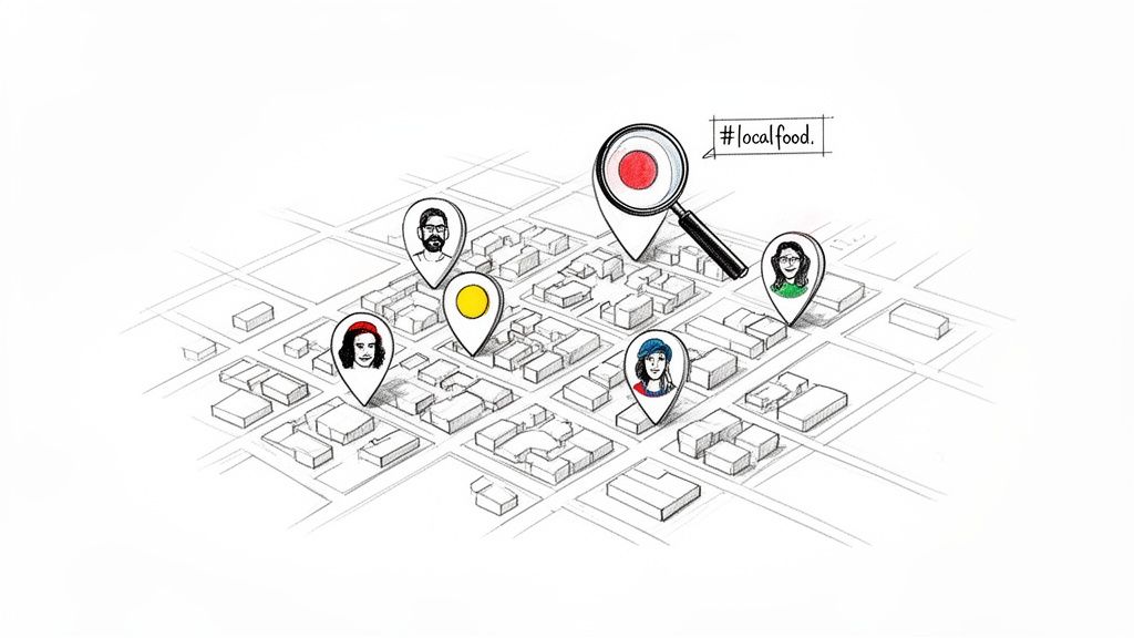 An illustration of a city map with location pins showing people and a magnifying glass searching for #localfood.