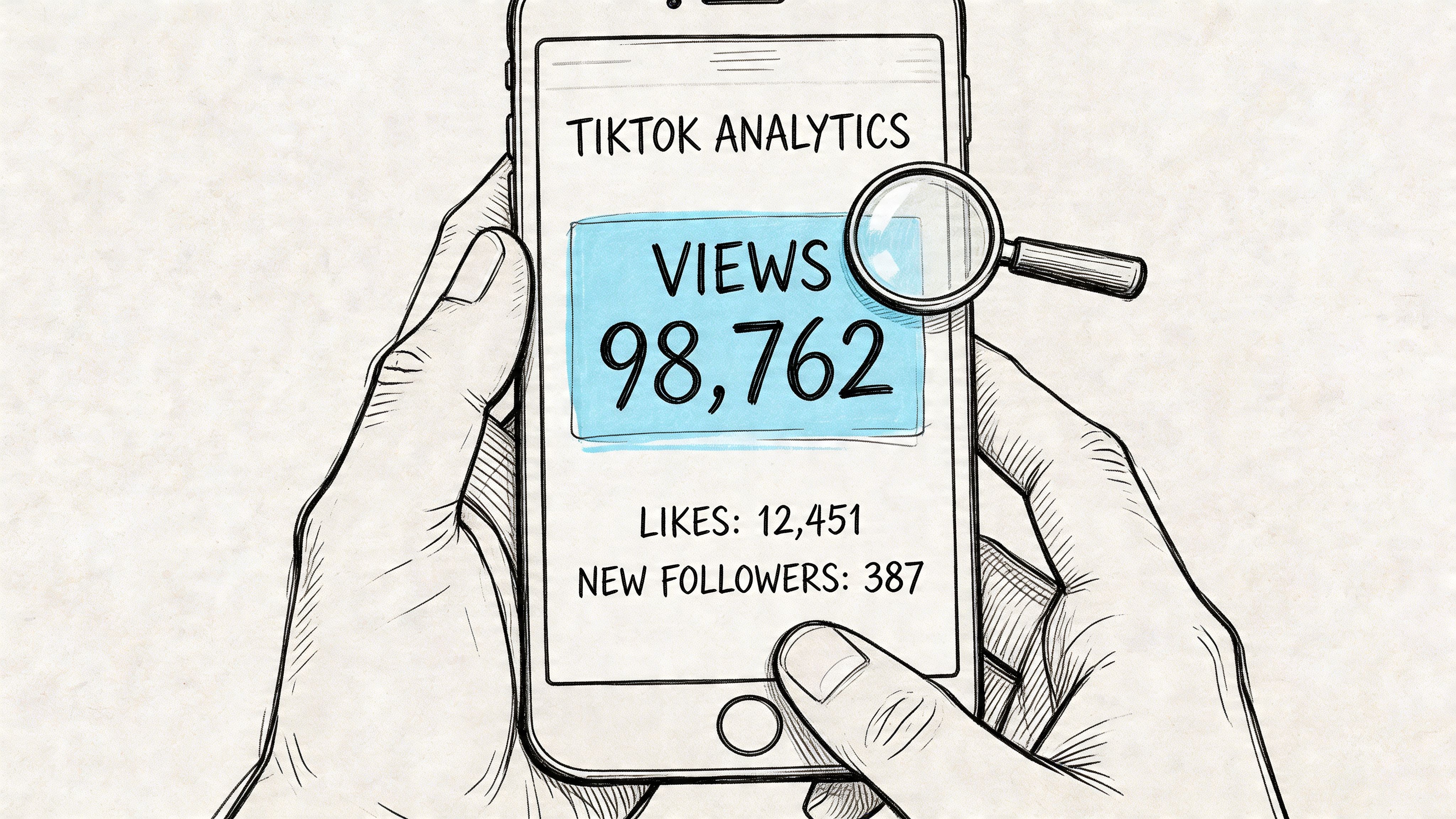 A hand-drawn illustration showing a person holding a smartphone displaying TikTok analytics with a magnifying glass.