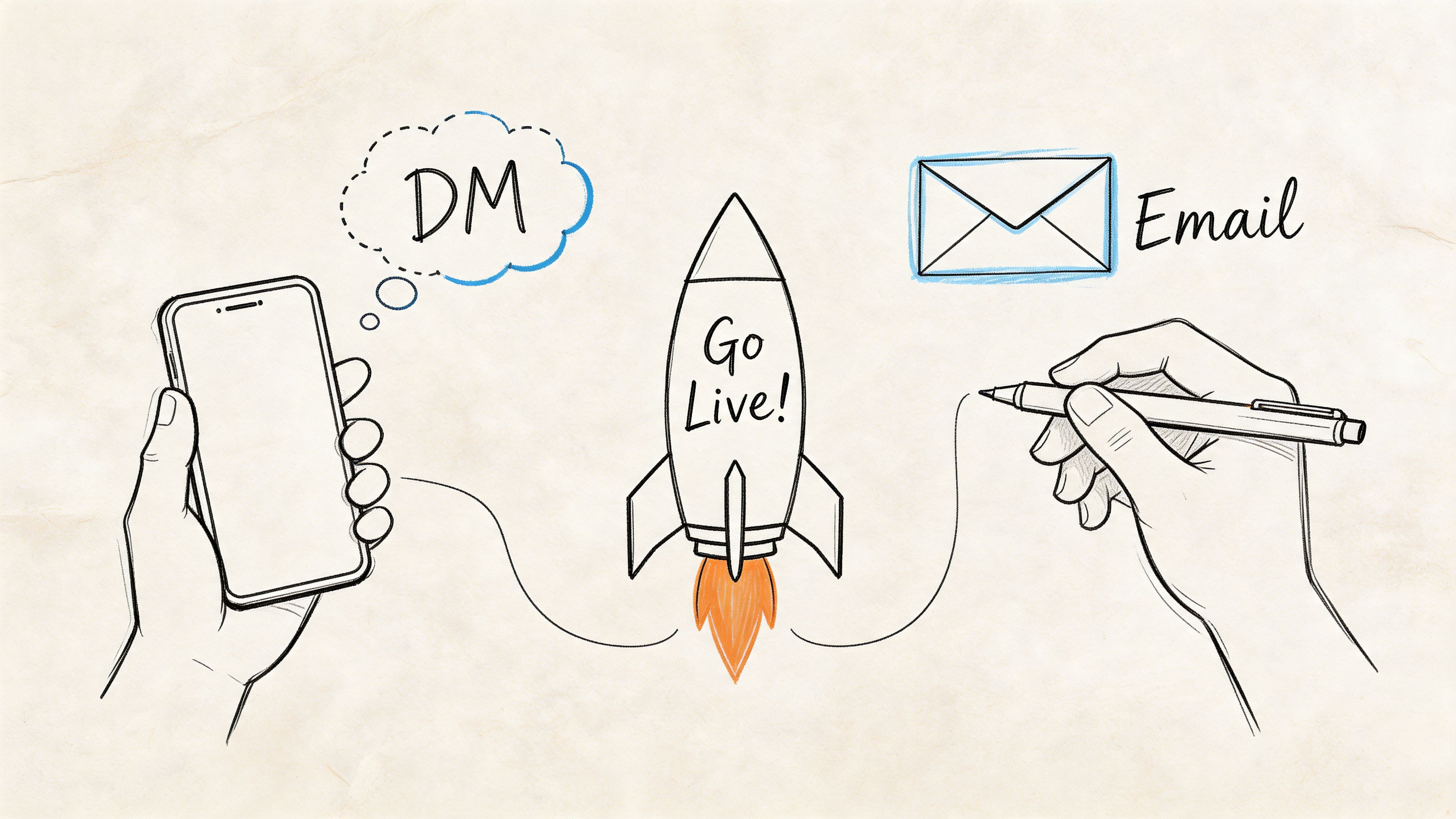A hand-drawn illustration showing communication methods like direct messages and emails launching a business project.