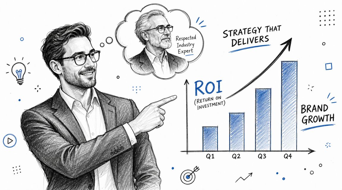 A professional businessman points at a bar chart demonstrating increasing ROI and brand growth.