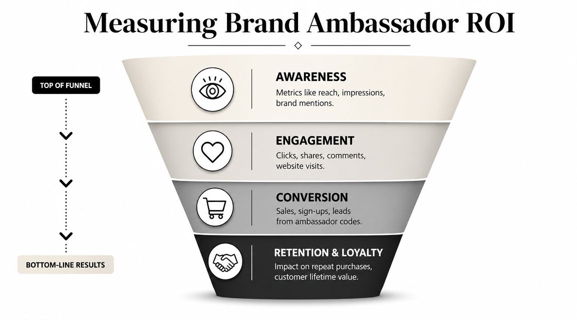 A funnel diagram illustrating the four key stages for measuring brand ambassador return on investment.