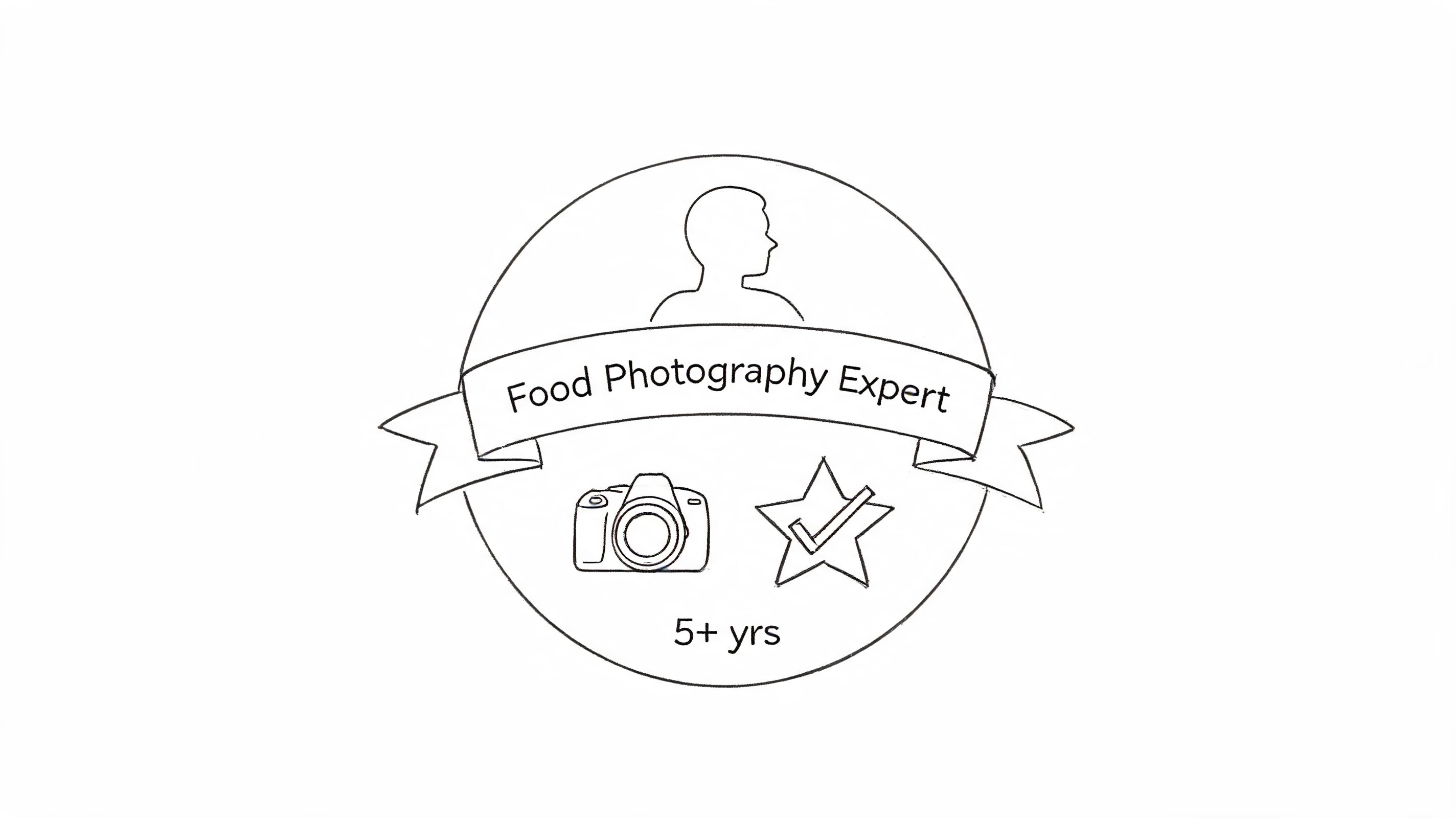 A minimalist circular icon featuring a person silhouette, camera, checkmark, and the text Food Photography Expert.