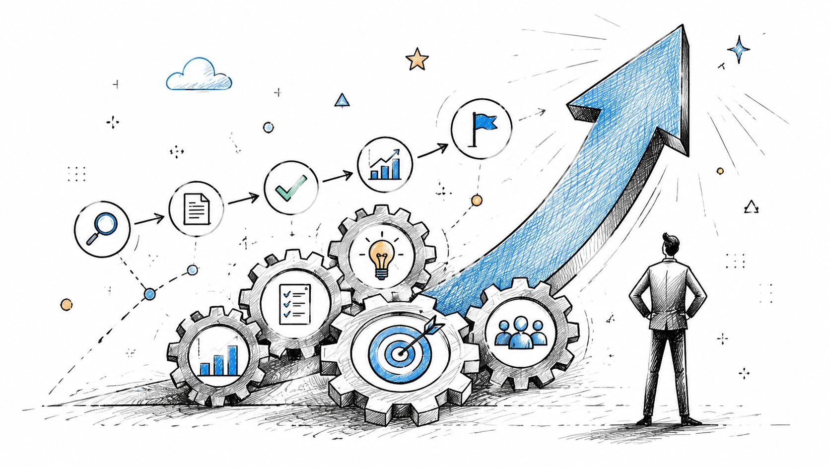 A businessman standing before a growth arrow with gears and icons representing strategic business planning and development.
