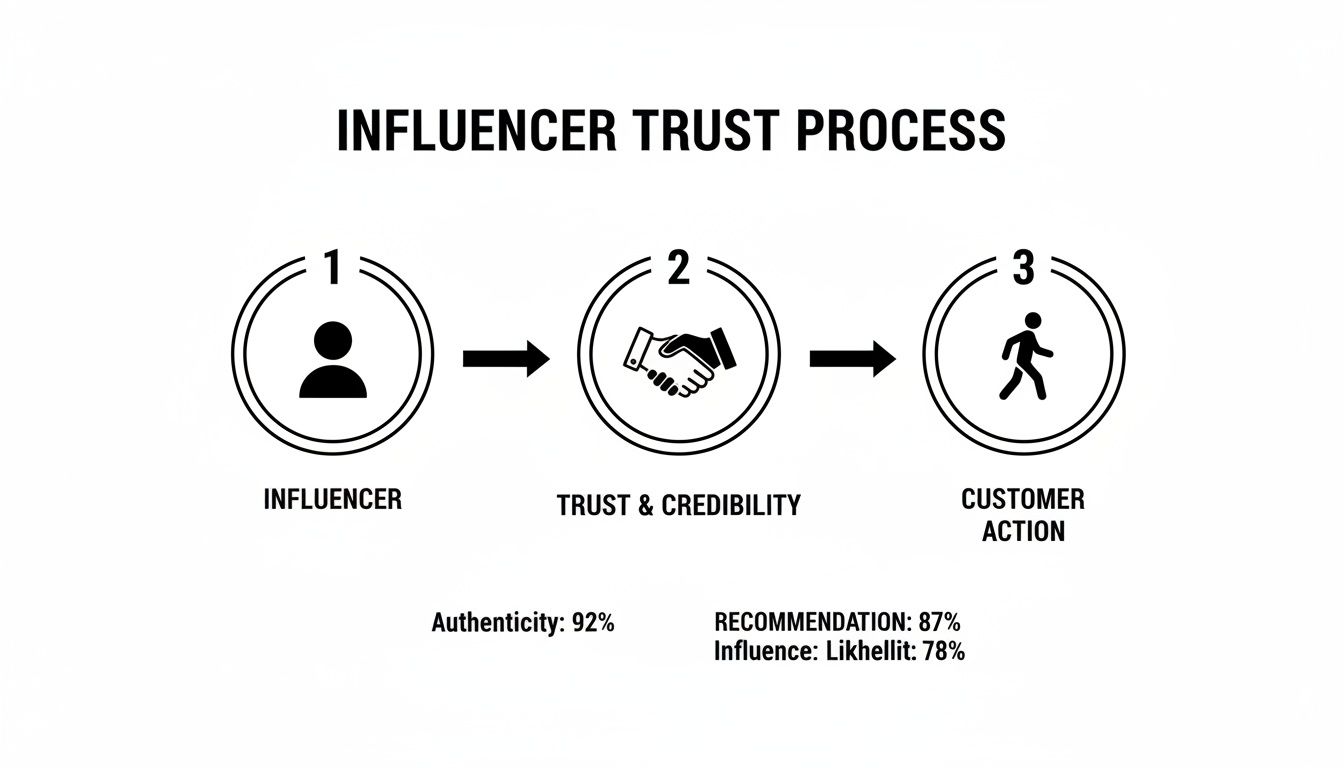 Flowchart showing the influencer trust process: influencer, trust and credibility, customer action.
