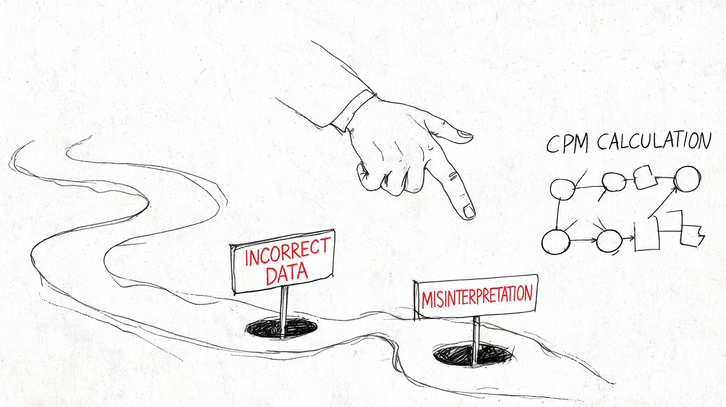 A hand points towards potential pitfalls labeled incorrect data and misinterpretation when performing a CPM calculation.