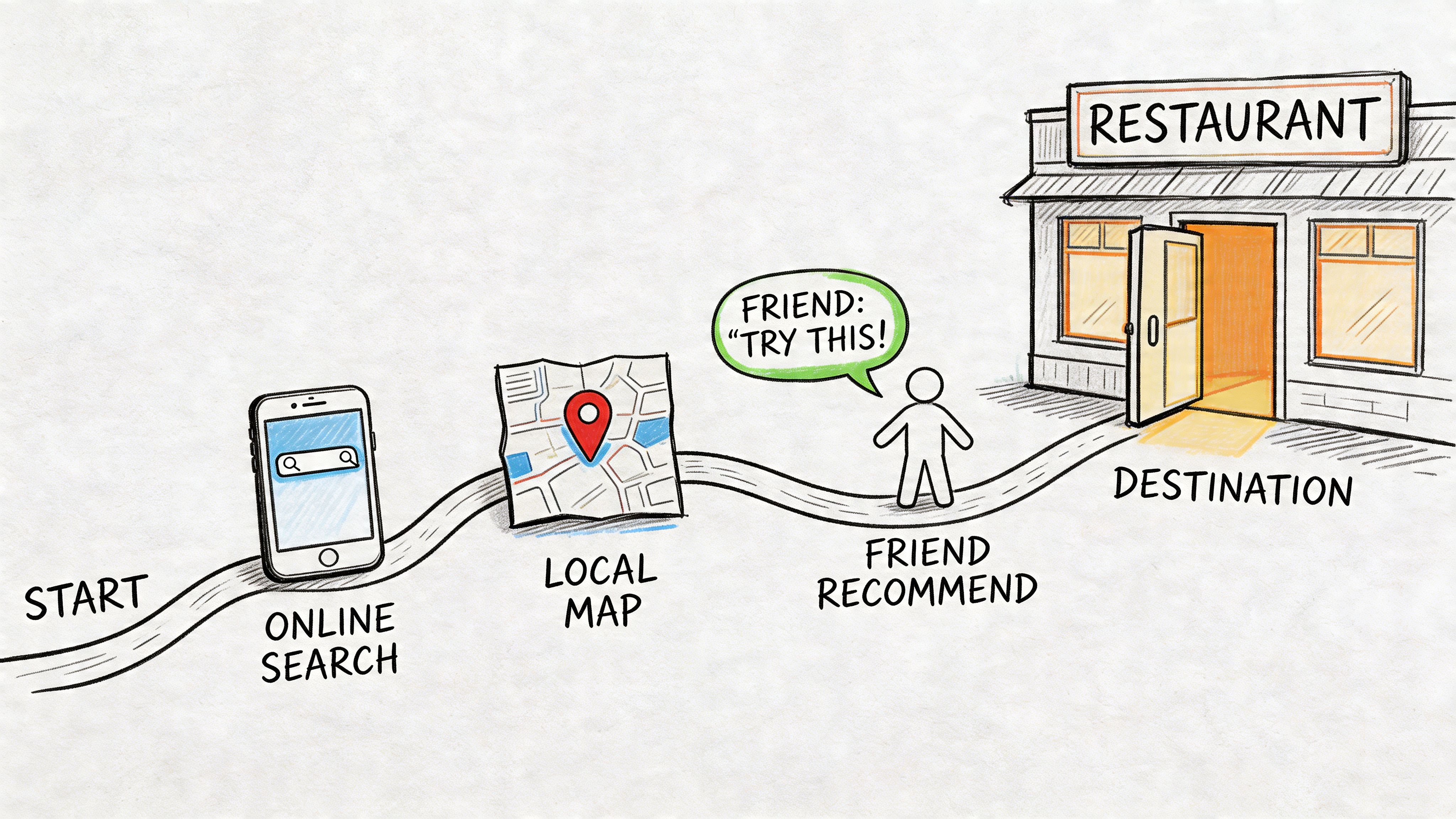 A hand-drawn illustration showing the customer journey steps from online search to a restaurant visit.