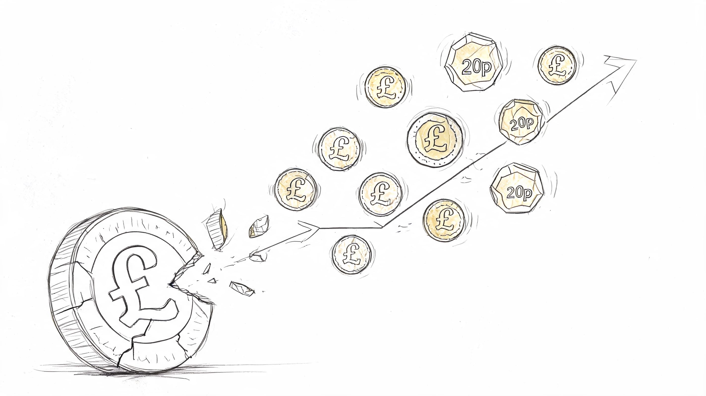 A line drawing of a large cracked British pound coin breaking into smaller currency pieces.