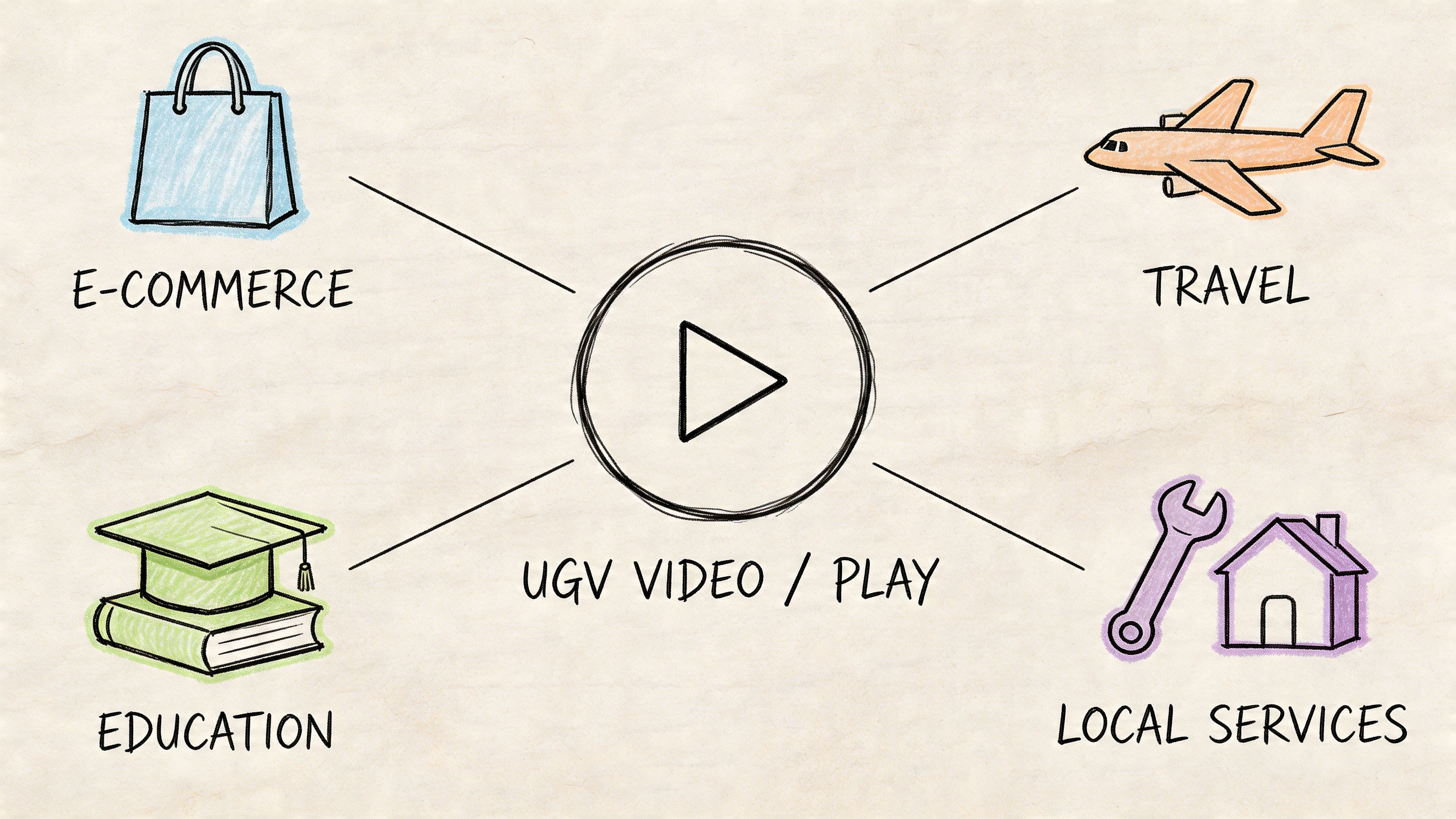 A diagram shows UGV video at the center connecting to icons for e-commerce, travel, education, and local services.