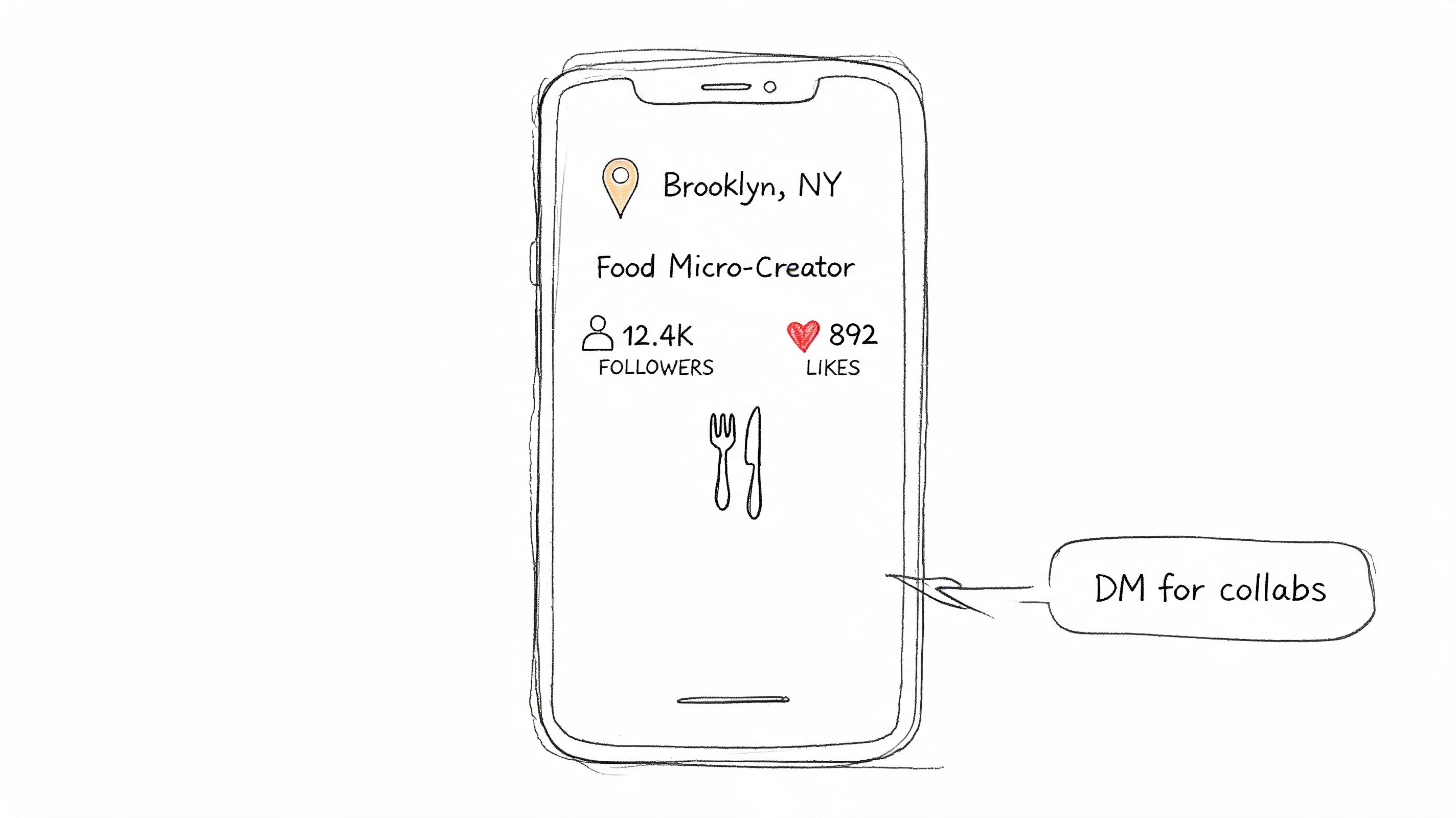 A hand-drawn sketch of a mobile phone screen displaying a social media profile for a food creator.