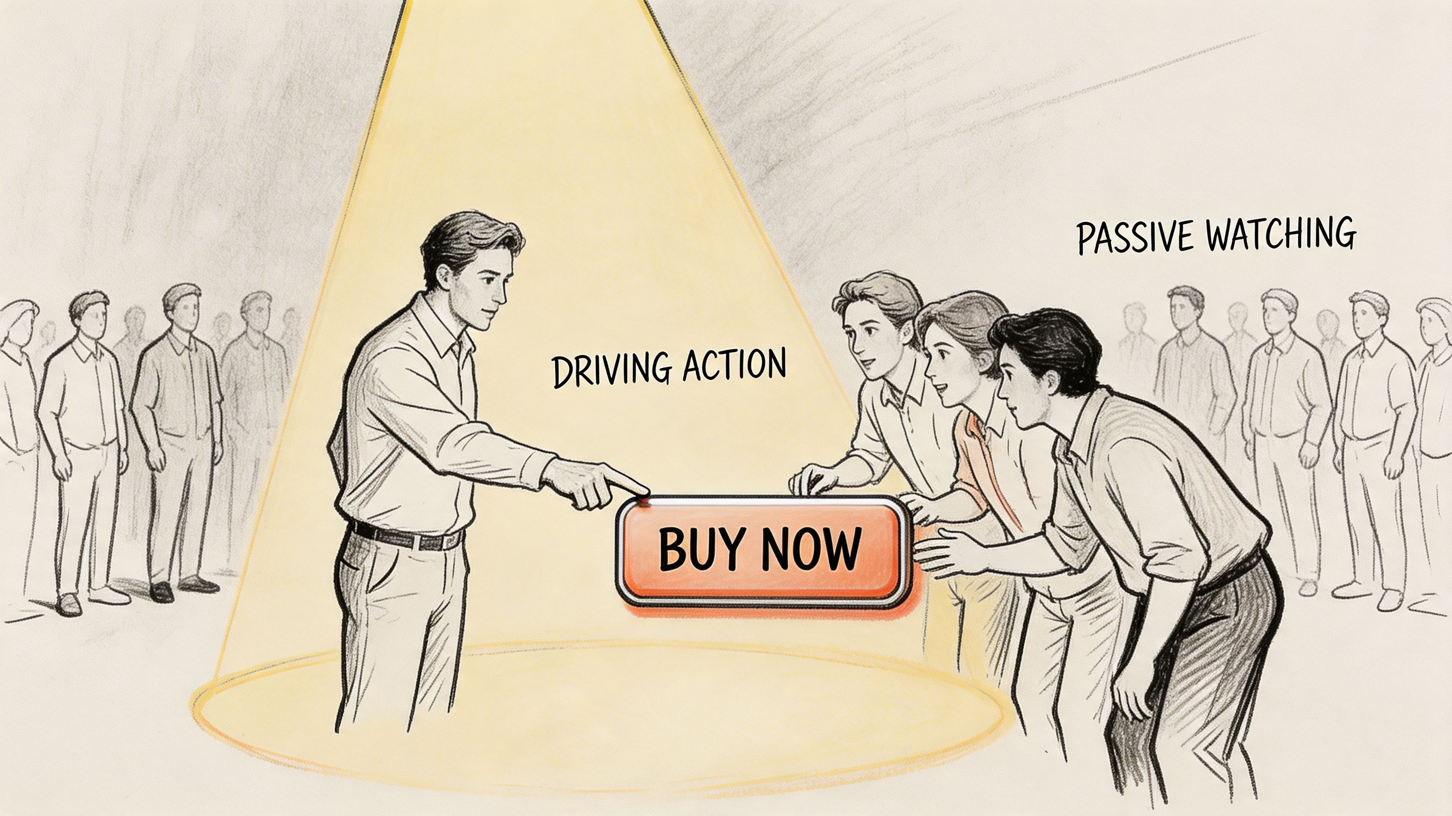 A pencil sketch illustration comparing driving action with a pointing man to passive watching by a group.