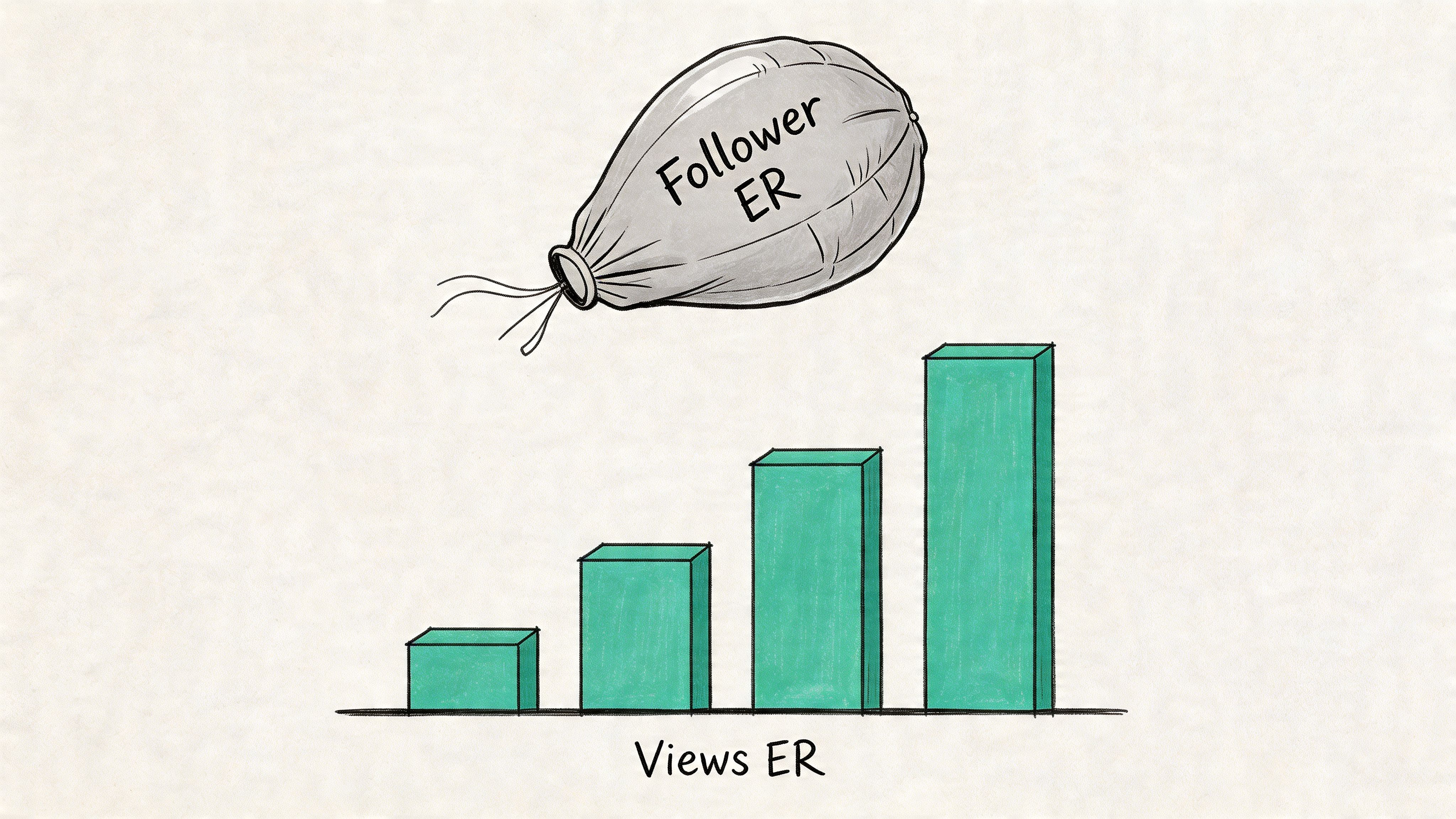 A hand-drawn illustration showing a bar chart comparing follower engagement rate versus views engagement rate.