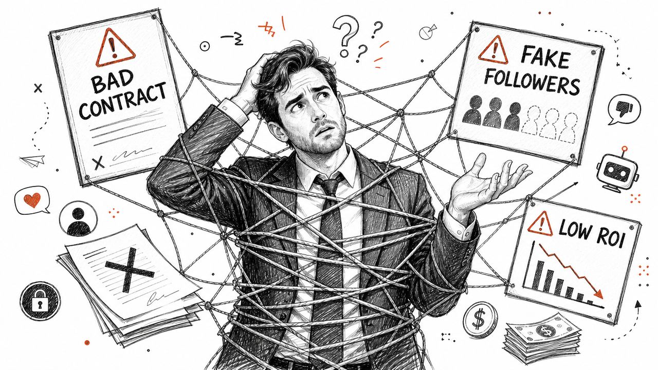 A businessman tangled in ropes connected to signs about bad contracts, fake followers, and low ROI.