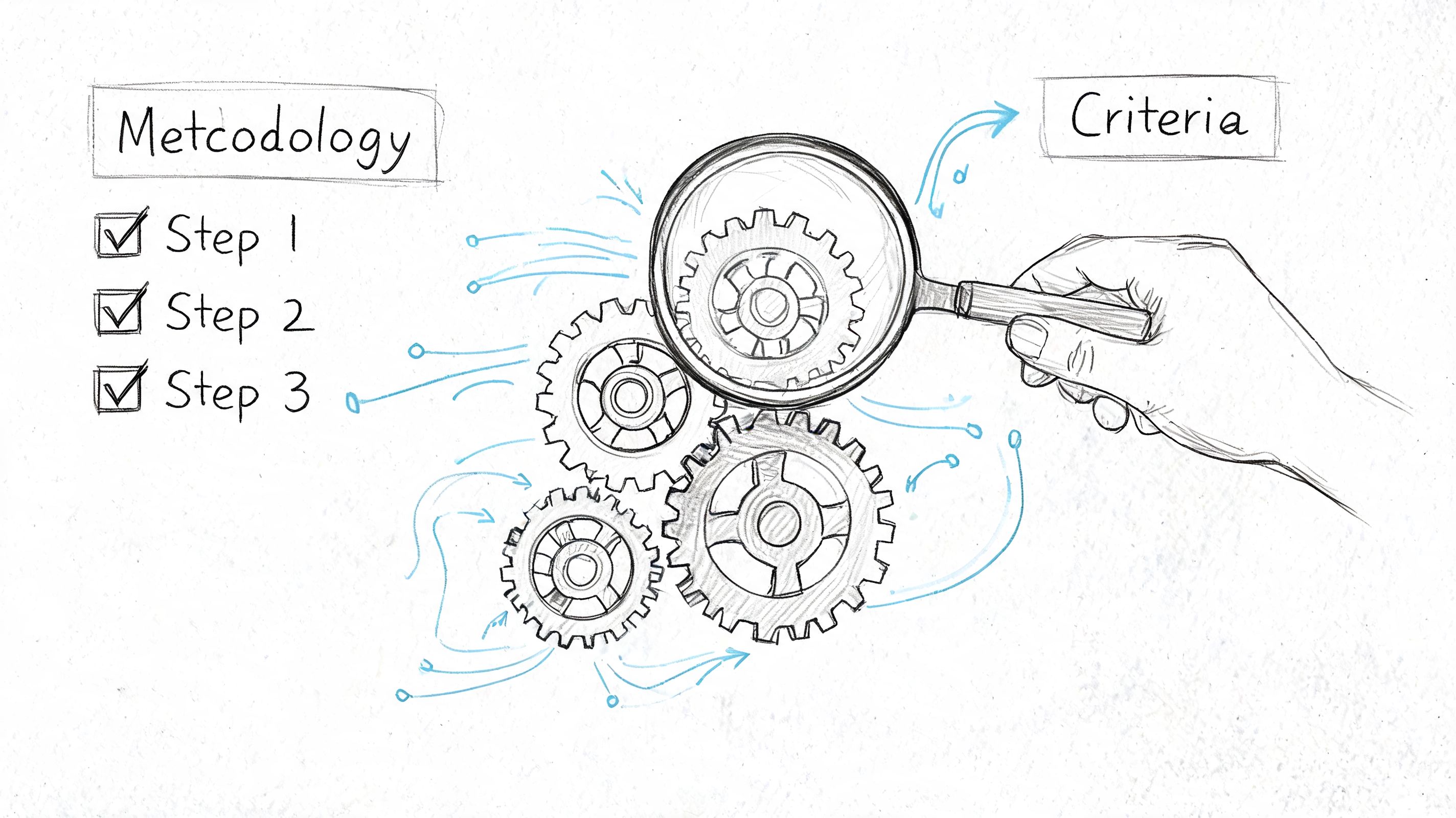 A hand holding a magnifying glass over interconnected gears next to a list of methodology steps.