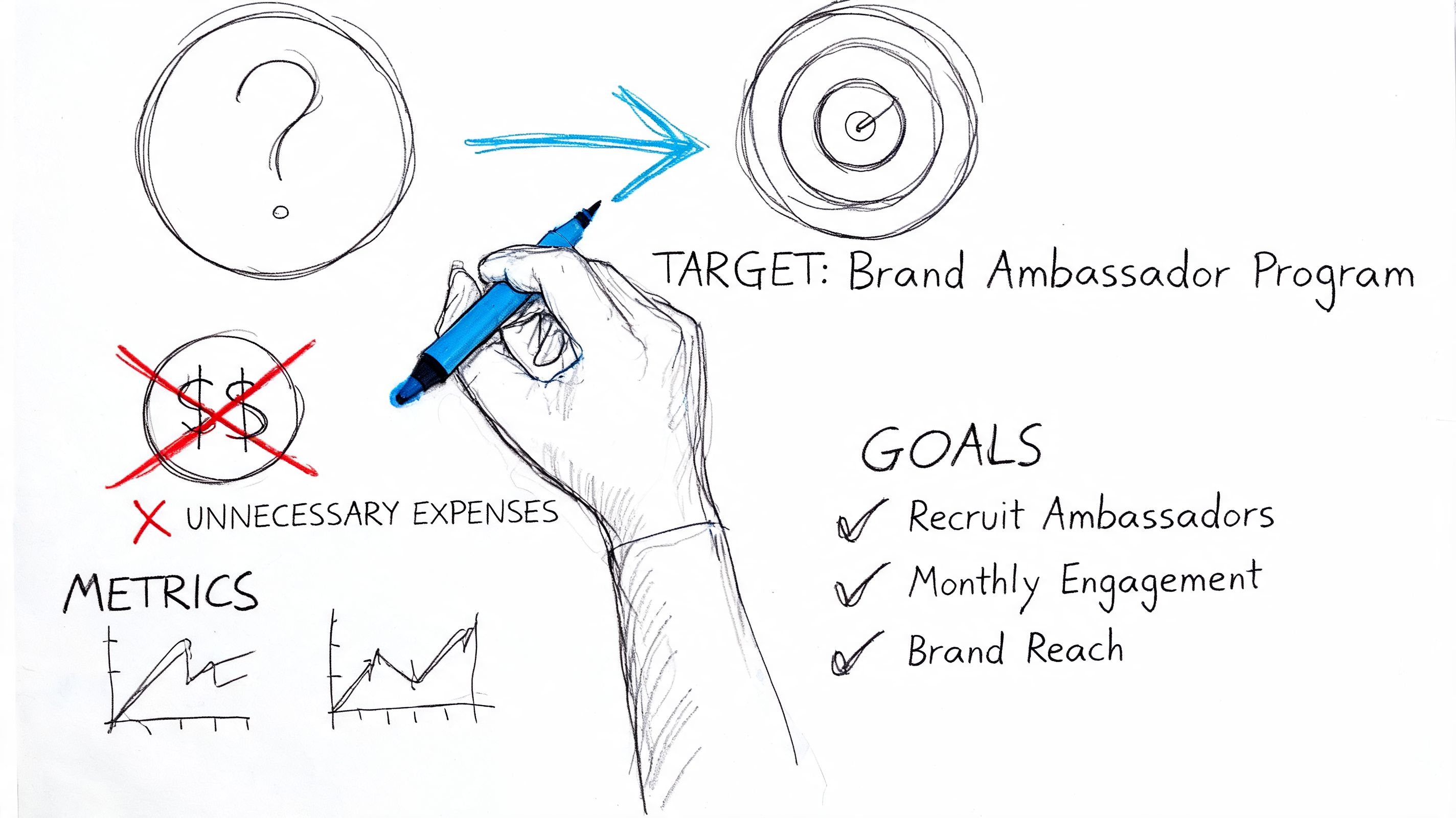 A hand-drawn illustration showing the path from an initial question to a defined brand ambassador program goal.
