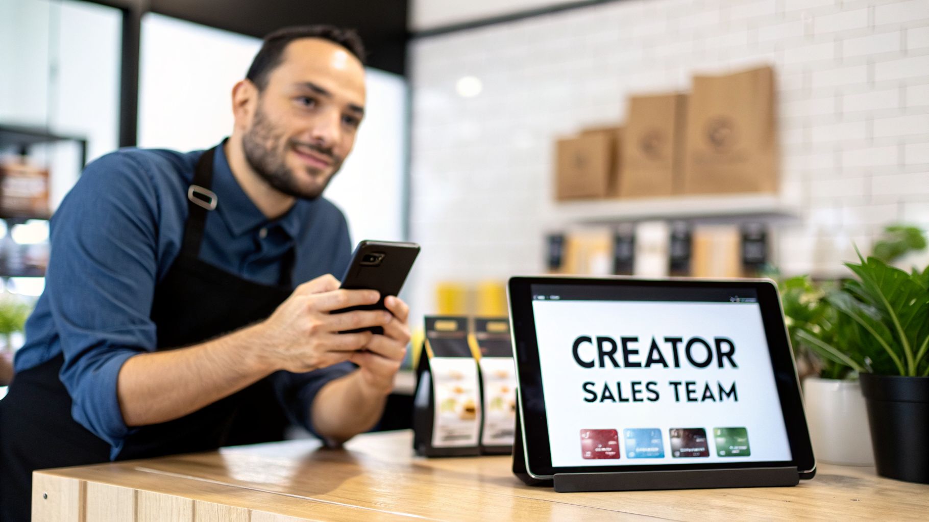 A man in an apron uses a smartphone, while a tablet displays 'CREATOR SALES TEAM' on a counter.