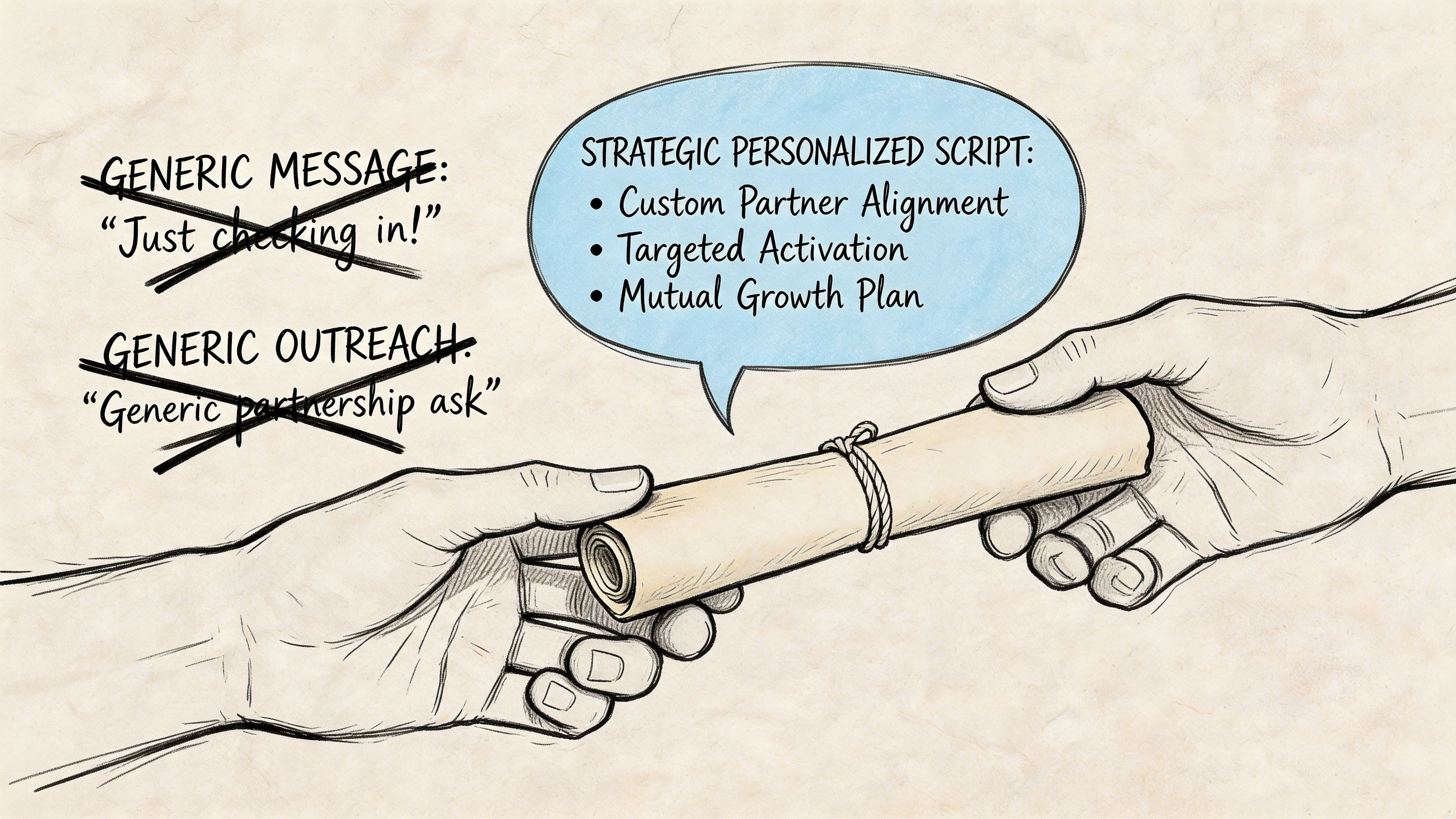 A hand passing a scroll to another with text comparing generic outreach to strategic personalized partnership scripts.