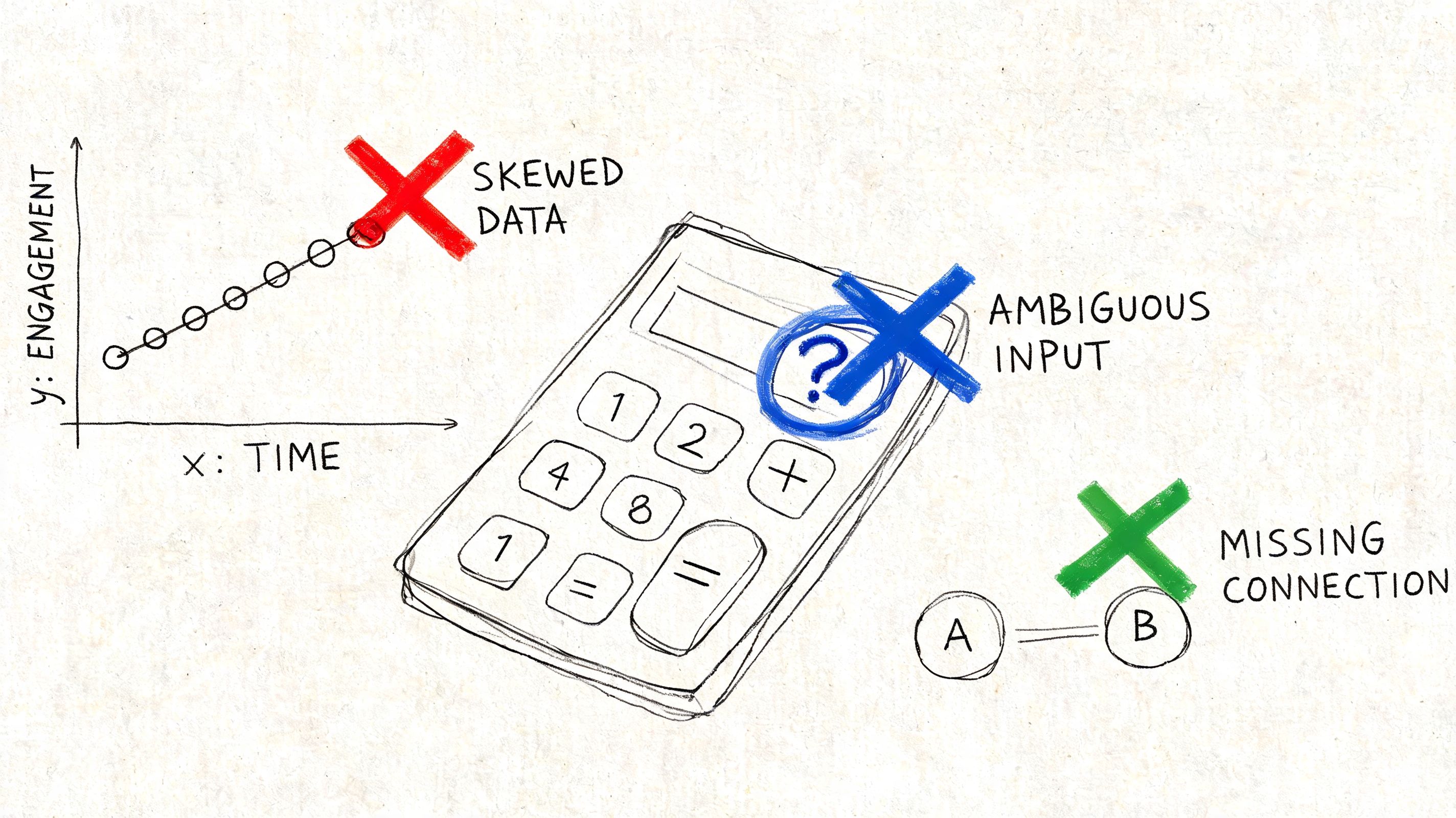 A hand-drawn illustration showing potential pitfalls in engagement analysis: skewed data, ambiguous calculator input, and missing connections.
