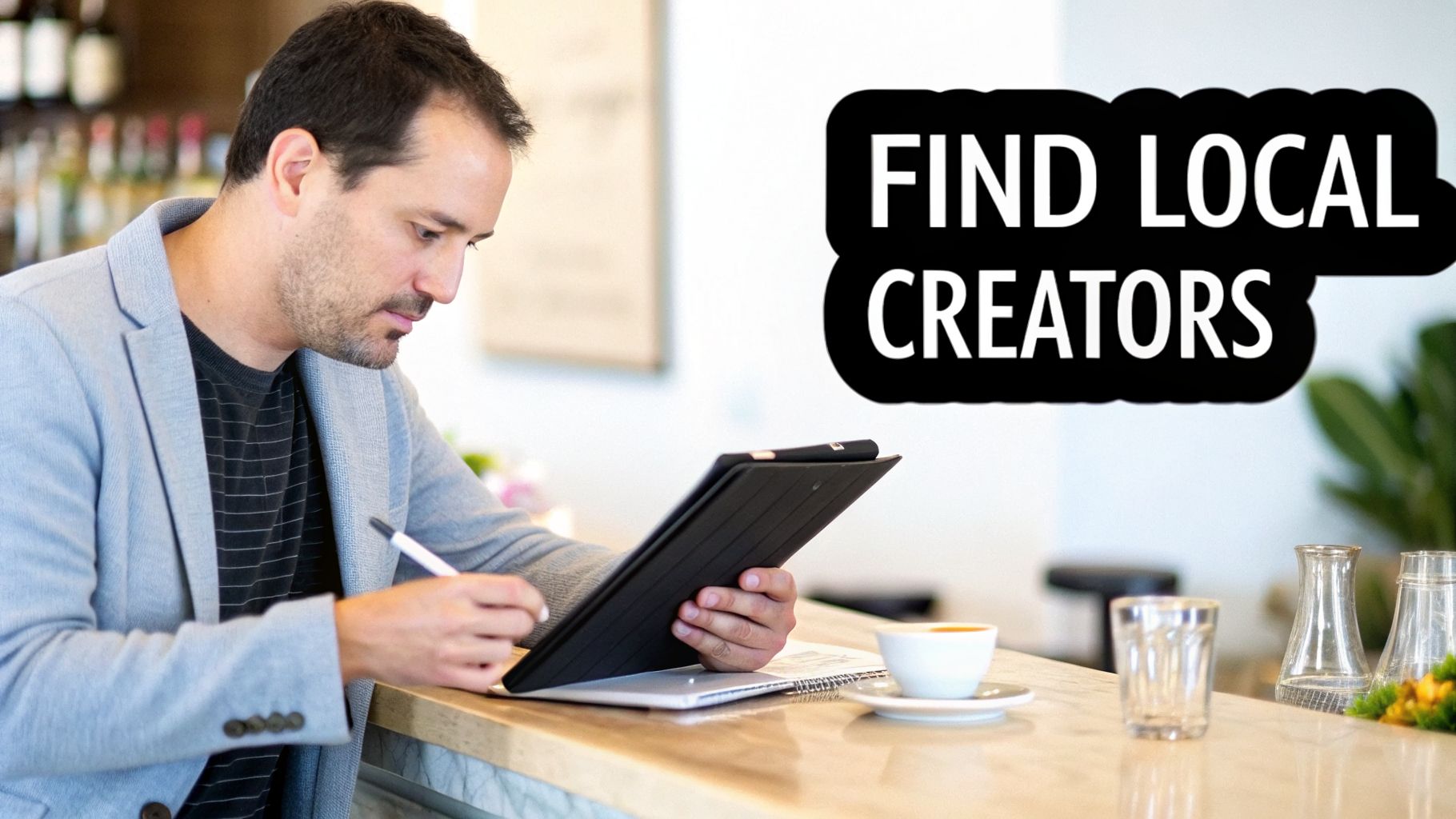A man in a modern cafe works on a tablet with a stylus, promoting local creators.