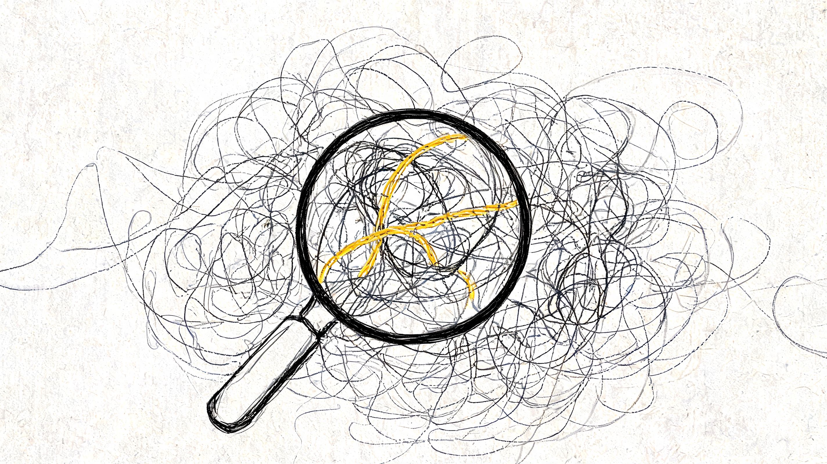 A magnifying glass focusing on a complex yellow scribble against a chaotic black and white background.