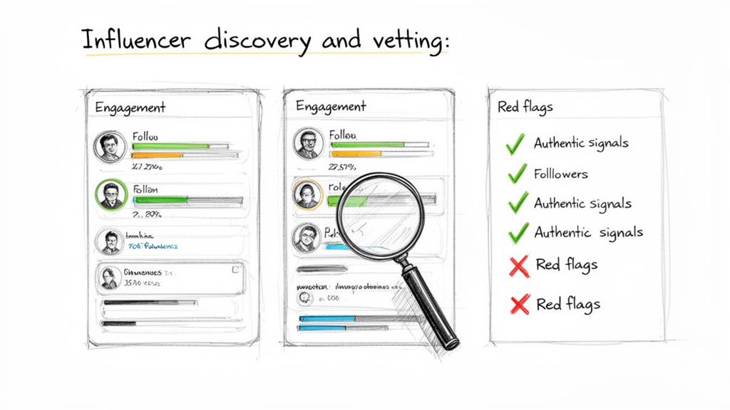 Hand-drawn diagram showing influencer discovery, engagement metrics, and a list of authentic signals vs. red flags.