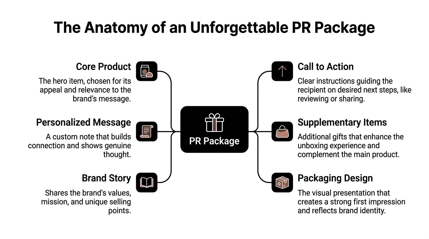 A diagram outlining the six essential elements for creating a memorable and effective PR package for brands.