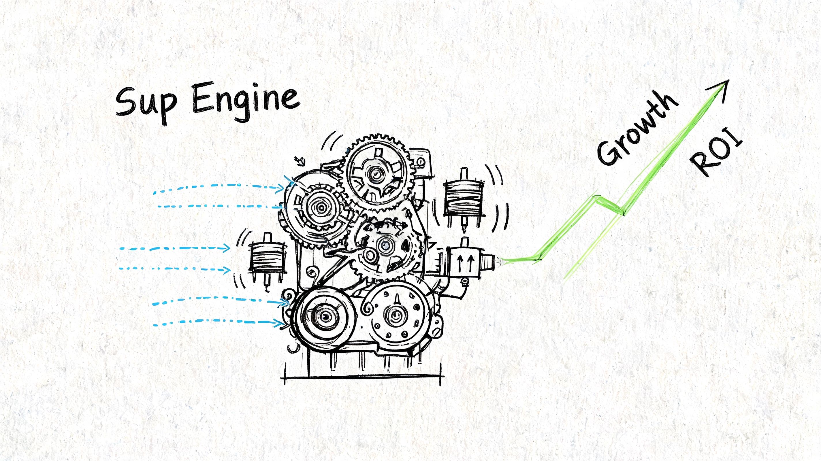 A hand-drawn sketch of a mechanical engine driving upward trends labeled as growth and ROI.