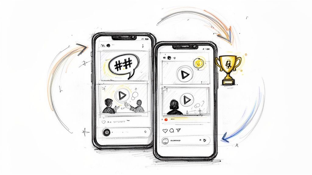 Sketch illustrating two smartphones with social media content, videos, hashtags, and a trophy, symbolizing digital marketing success.