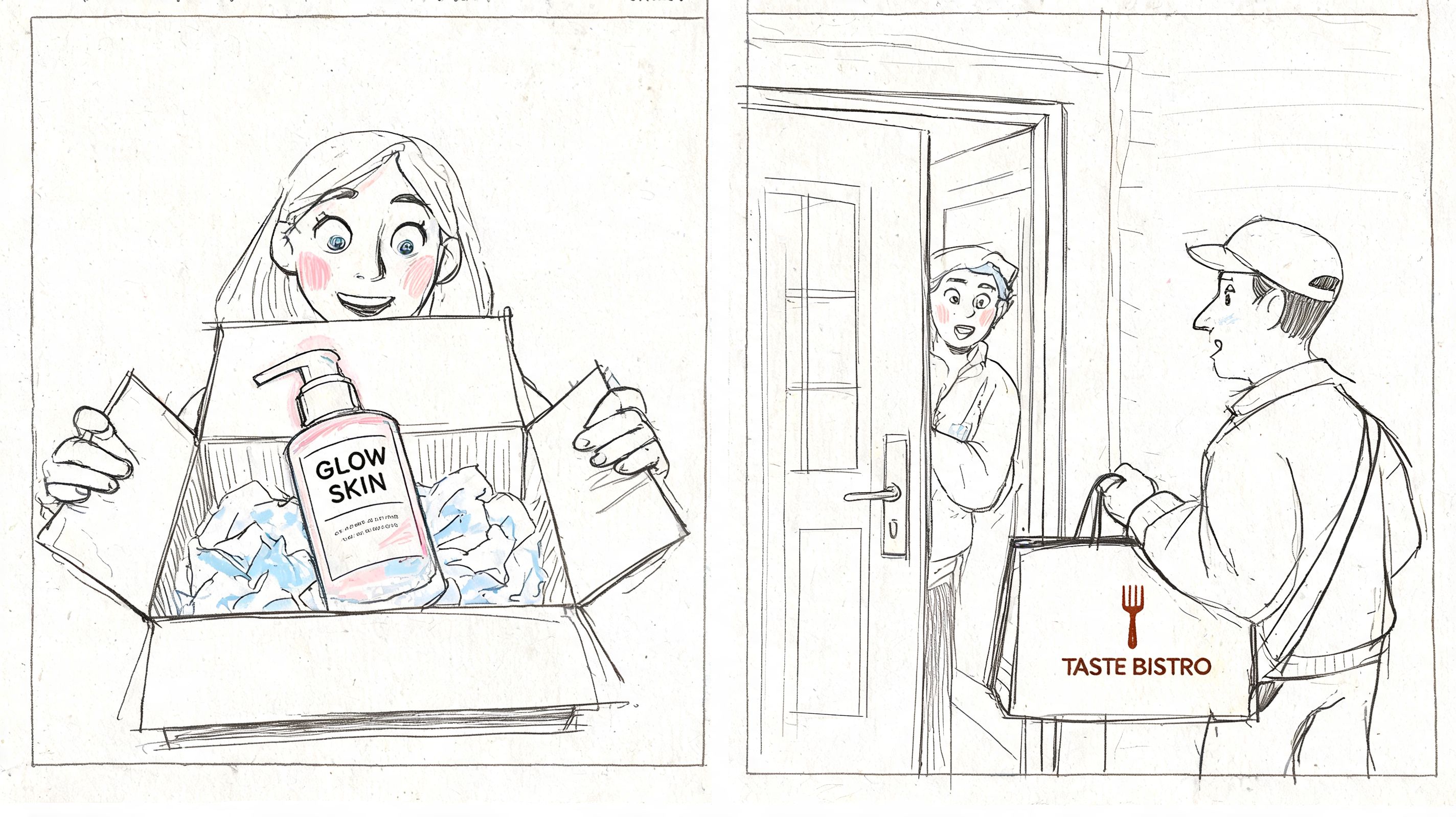 A split illustration comparing opening a PR package of skincare products and receiving a food delivery order.