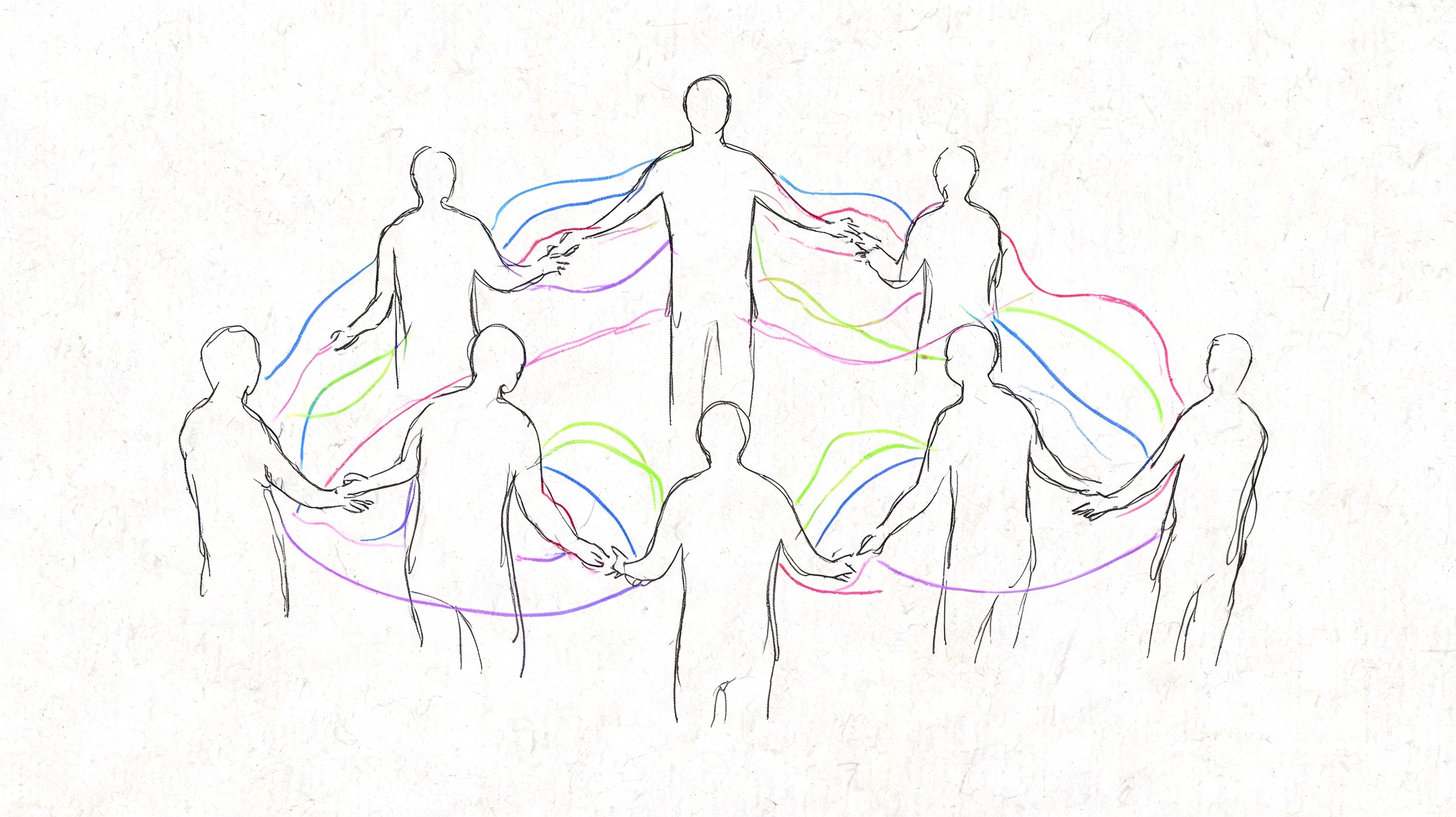 A pencil sketch of a group of people forming a circle and holding hands with colored lines