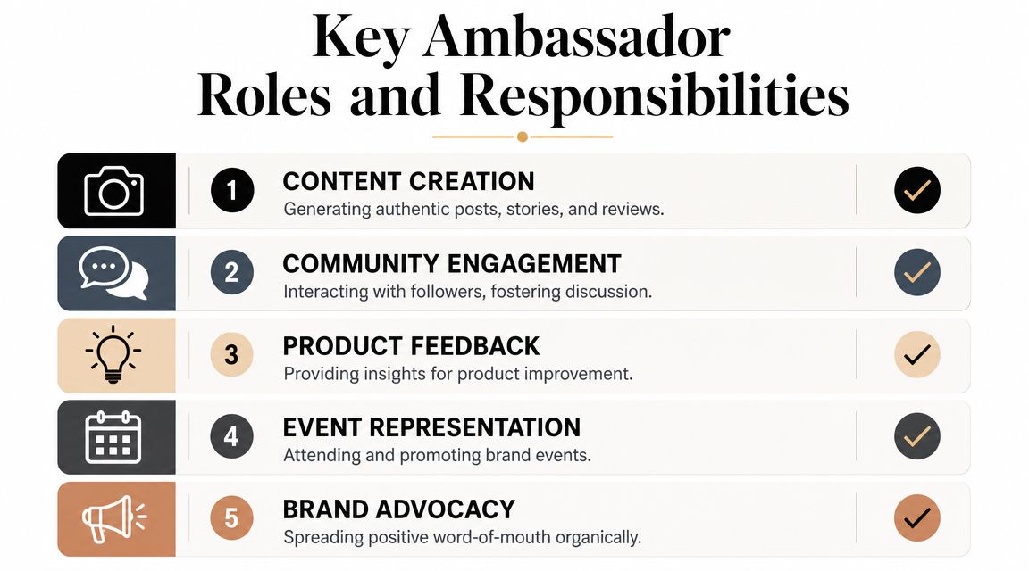 A list outlining five key roles and responsibilities of a brand ambassador with descriptive icons.