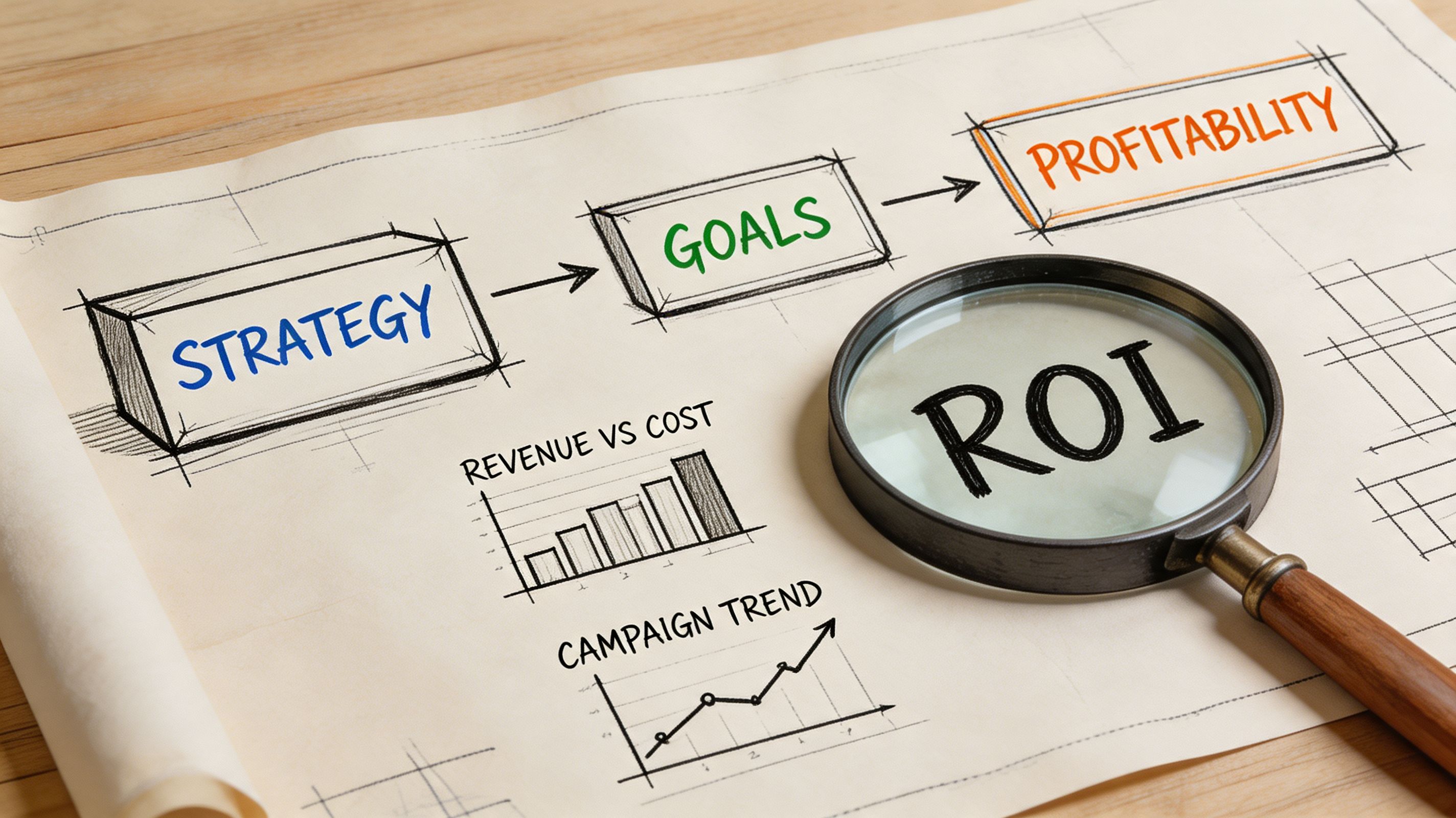 A magnifying glass focusing on the word ROI over a business planning diagram showing strategy, goals, and profitability.