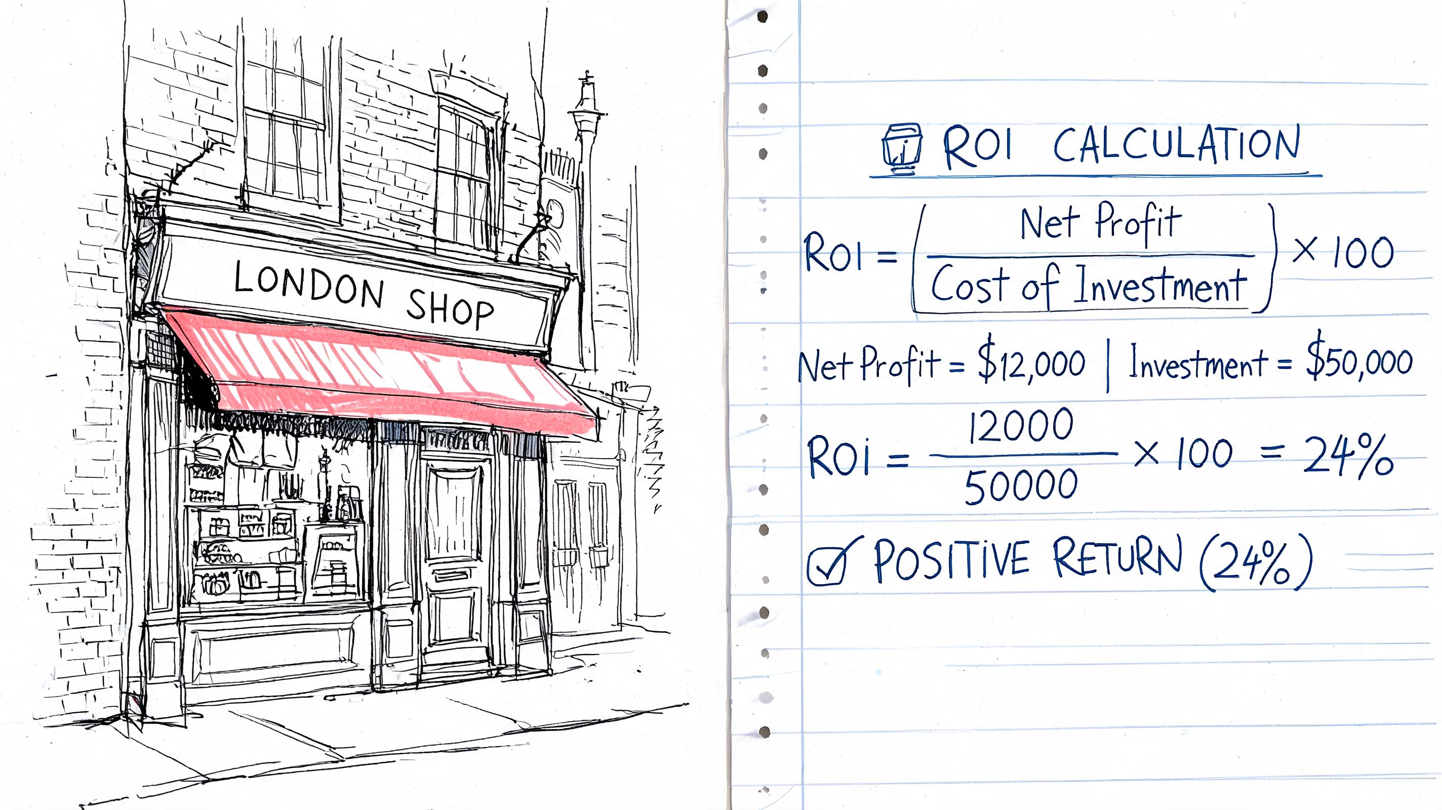 A hand-drawn sketch of a London shop next to a handwritten ROI calculation showing 24 percent return.