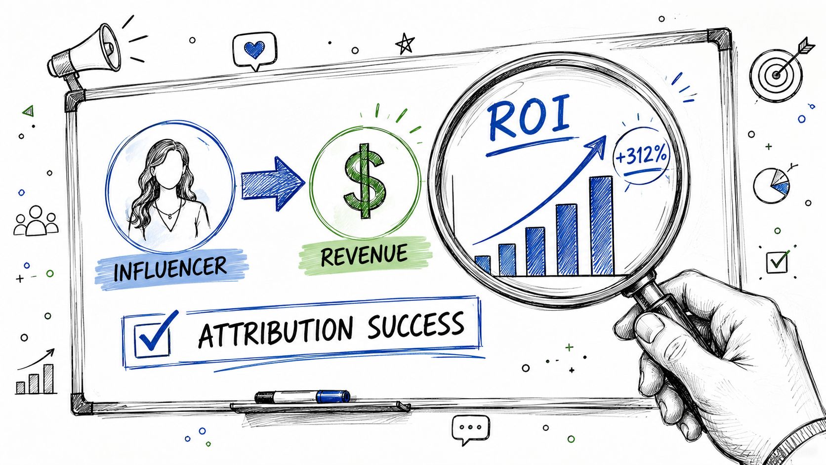 A sketched illustration showing the connection between influencers, revenue generation, and increased return on investment.