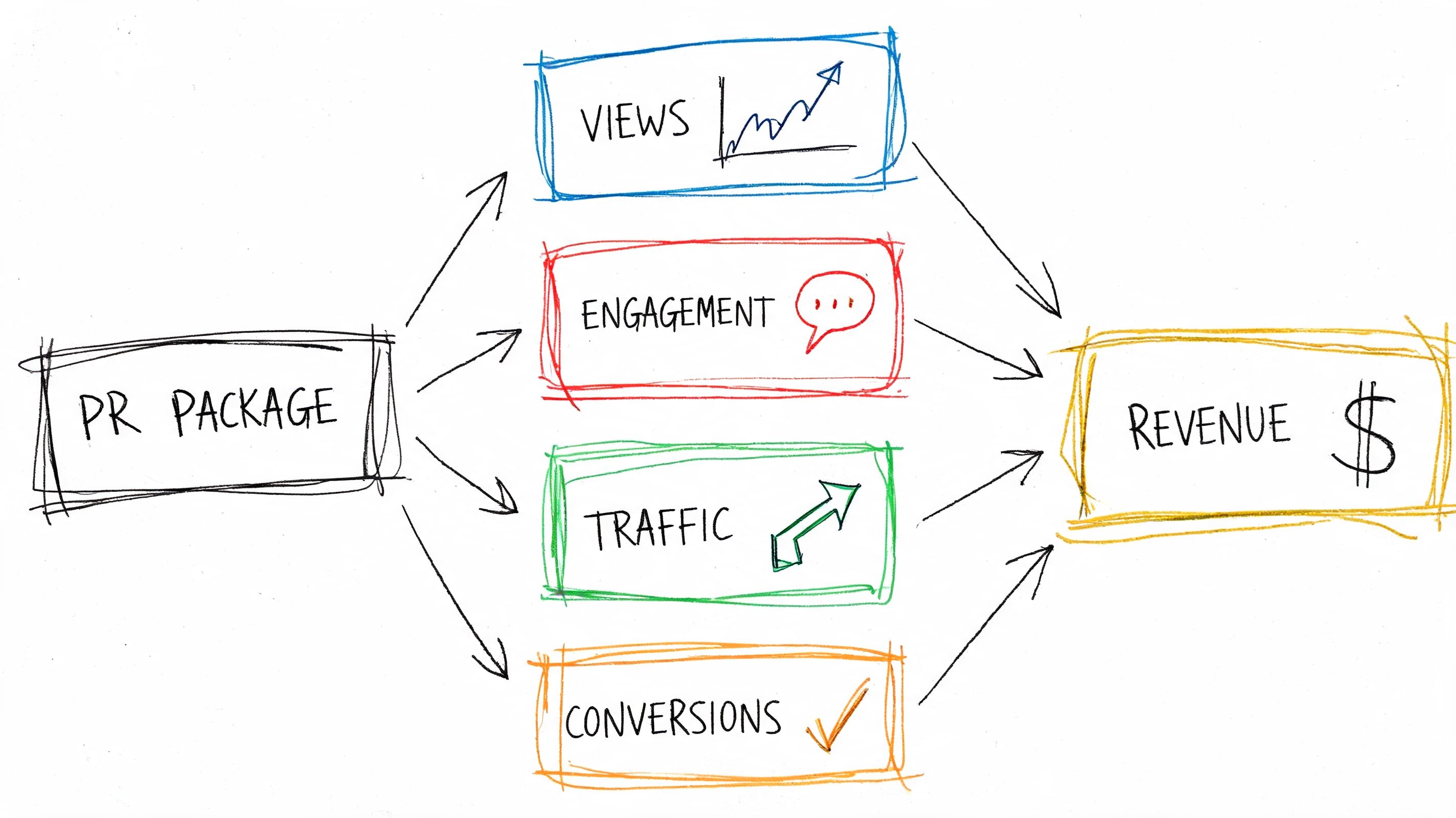 A diagram illustrating how a PR package drives views, engagement, traffic, and conversions, leading directly to revenue.