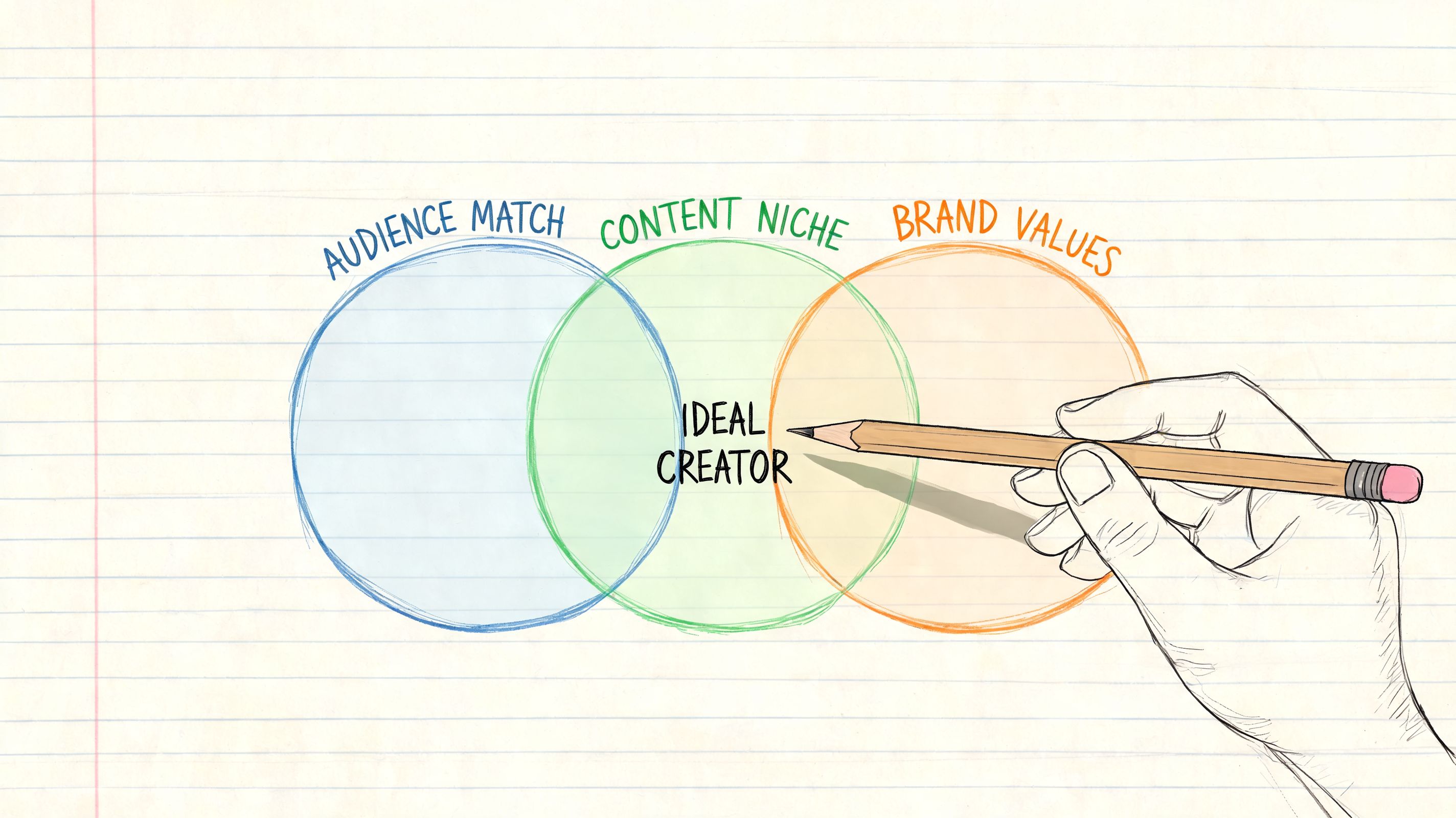 A hand drawn Venn diagram illustrating the intersection of audience match, content niche, and brand values.