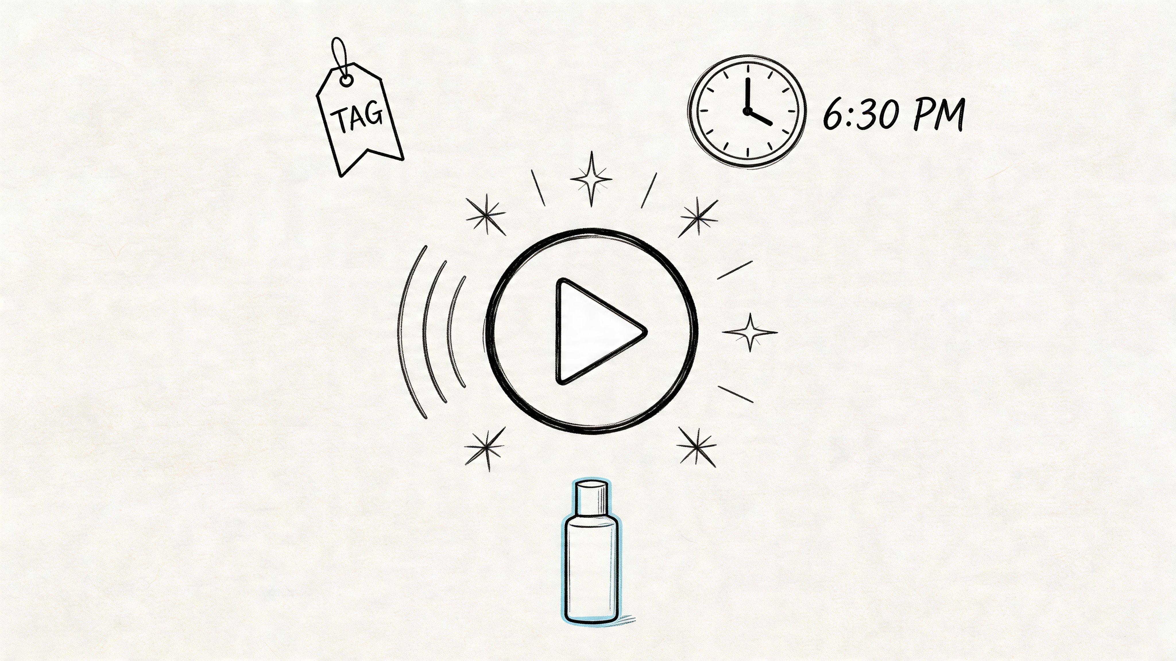 A hand-drawn illustration depicting a play button, a clock set to 6:30 PM, a tag, and a bottle.