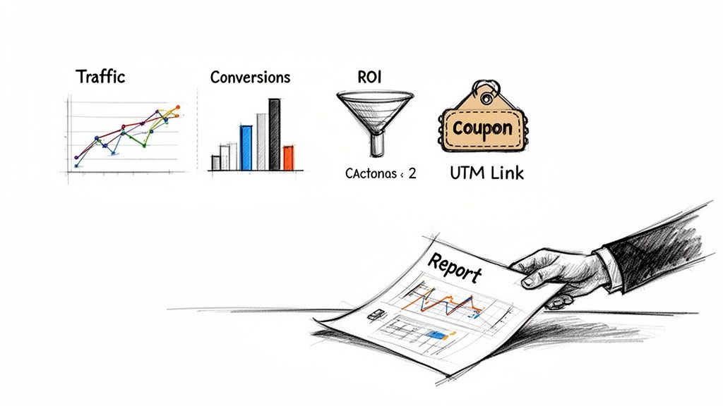 Hand holding a report alongside visuals for traffic, conversions, ROI, coupon, and UTM link.