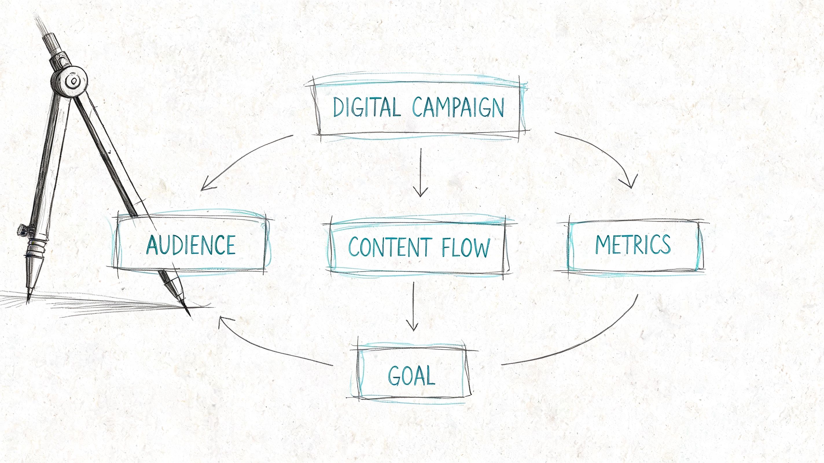 A hand-drawn sketch of a digital campaign diagram featuring audience, content flow, metrics, and goals.