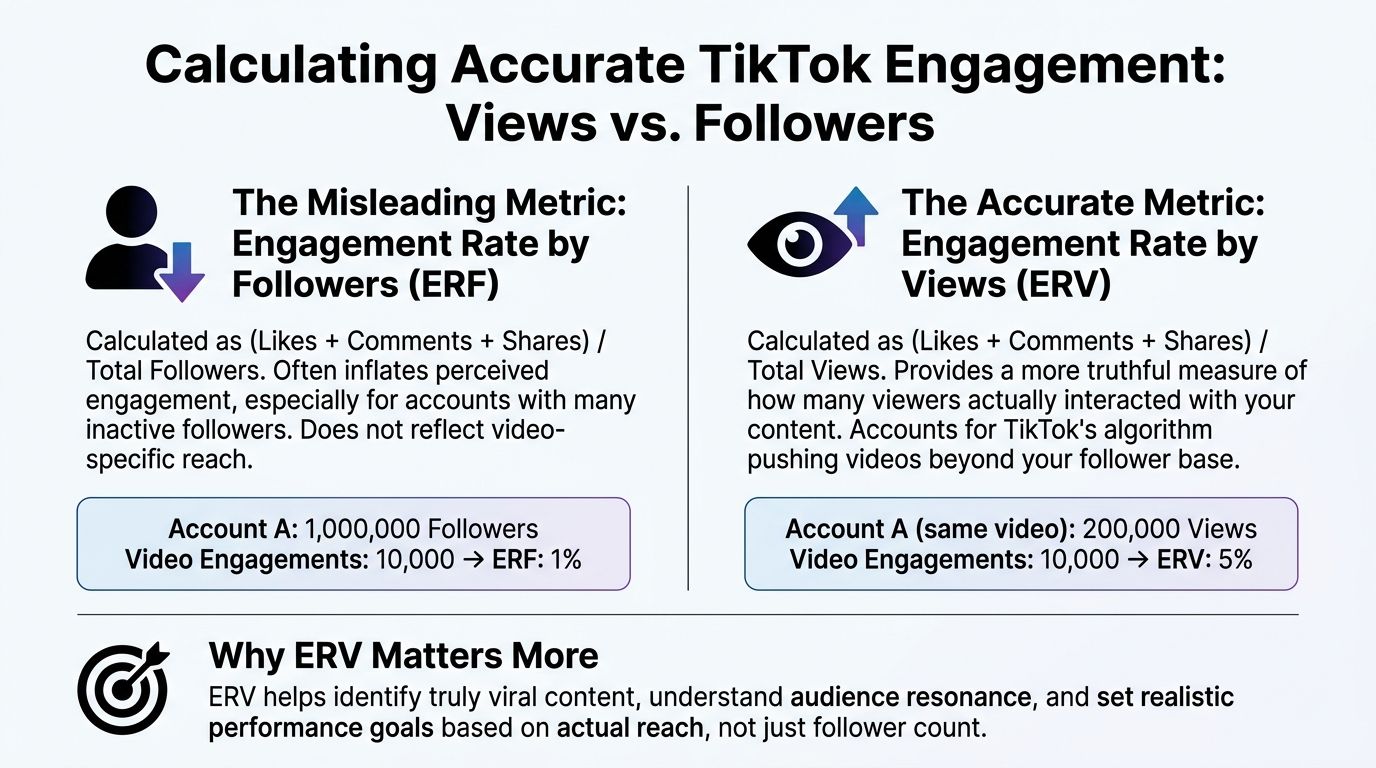 A comparison infographic explaining how to calculate TikTok Engagement Rate by Followers versus Engagement Rate by Views.